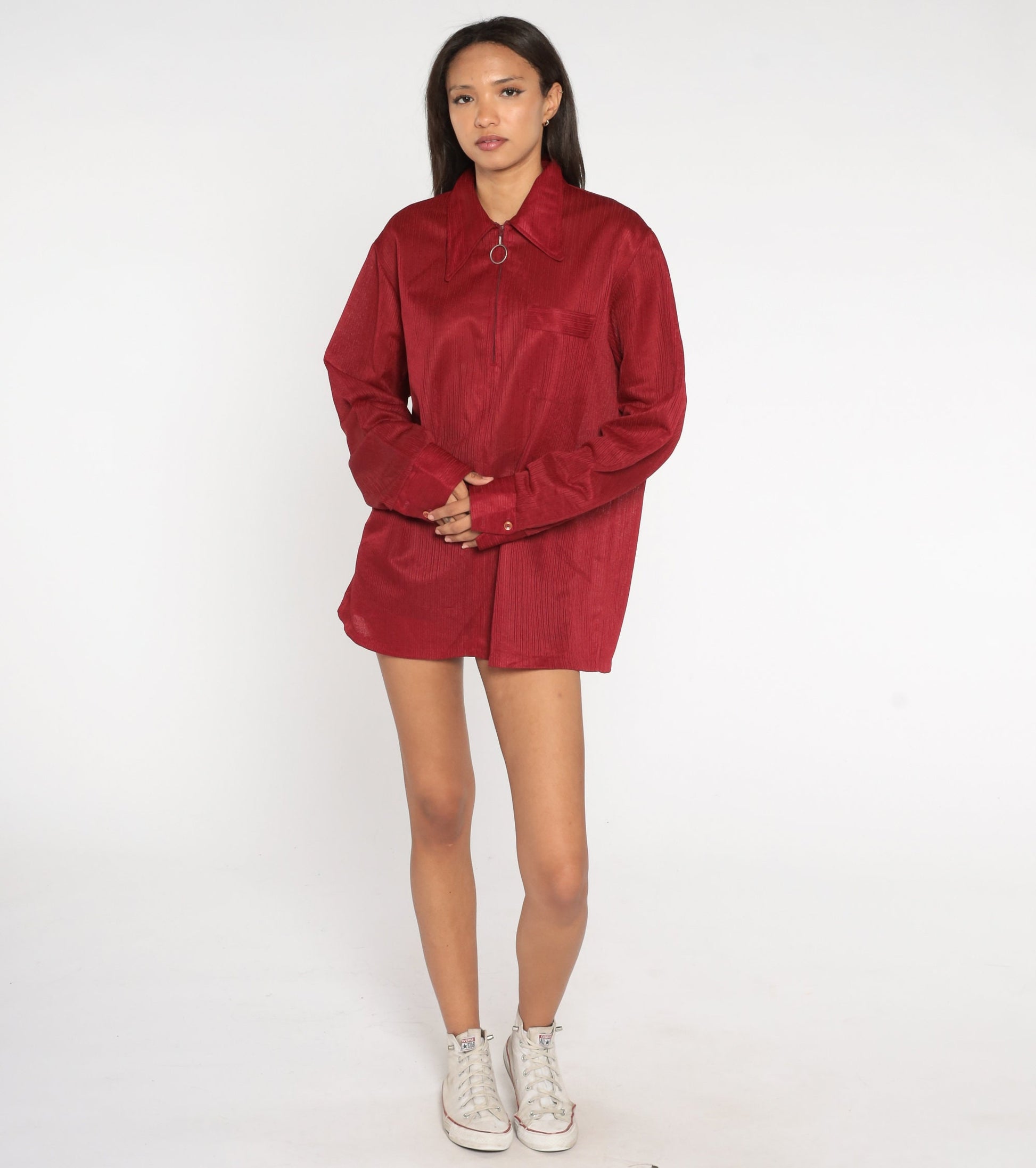 70s Burgundy Ring Pull Zip Shirt Dagger Collar Long Sleeve Extra Large