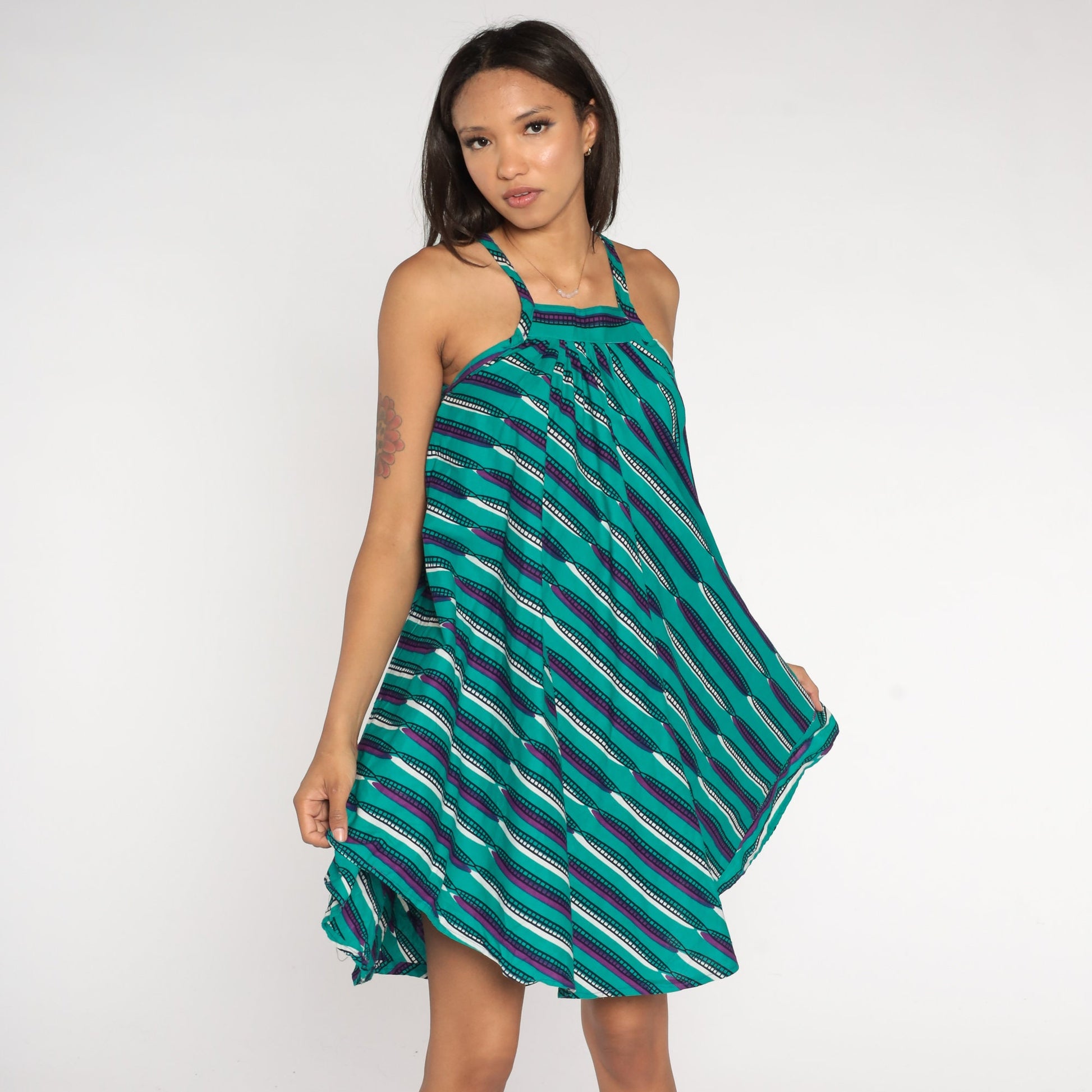 90s Turquoise Purple Striped Cotton Mini Sundress Tank Hanky Hem XXS
