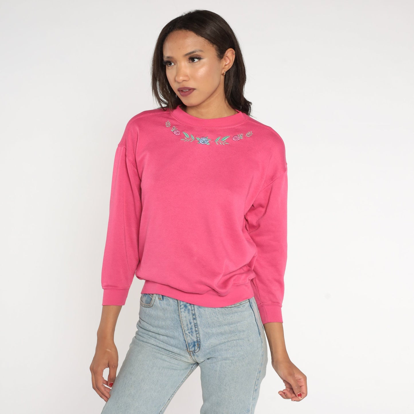 90s Floral Embroidered Sweatshirt Hot Pink Crewneck Pullover Extra Small