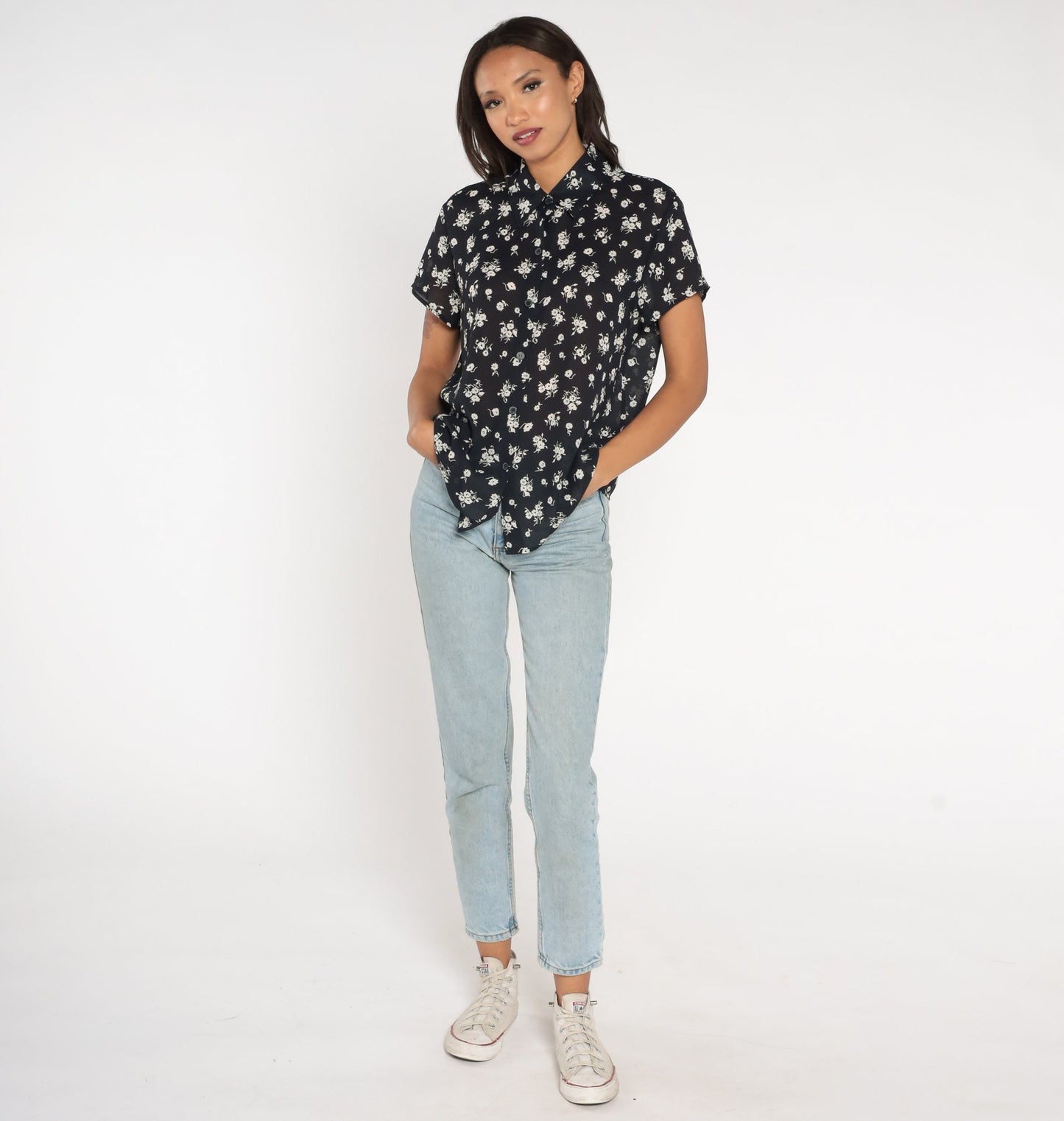 90s Chaus Black Floral Button-Up Blouse Short Sleeve Shirt Large L