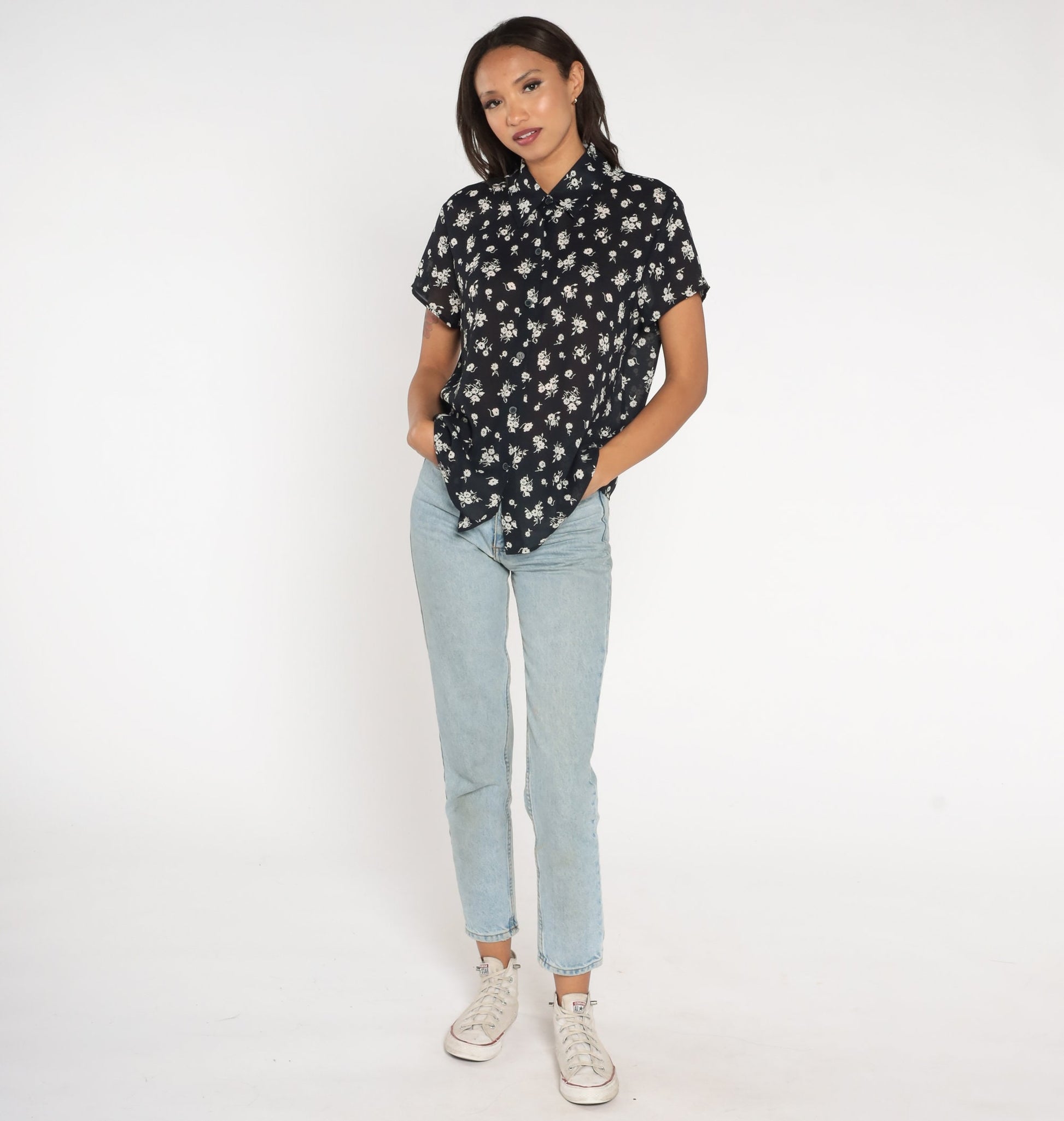 90s Chaus Black Floral Button-Up Blouse Short Sleeve Shirt Large L