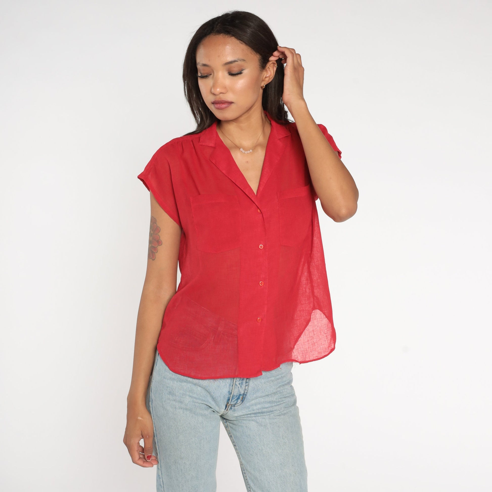 80s Red Sheer Button-Up Blouse Cap Sleeve Collared Shirt Medium