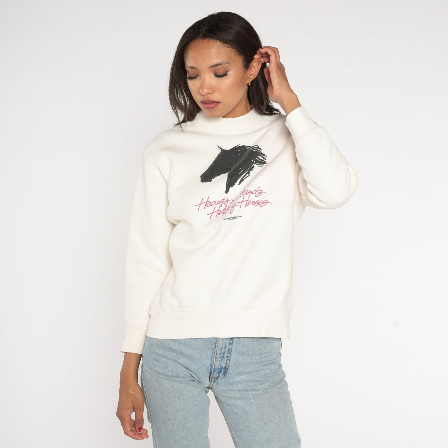90s Hearts Hands Helping Horses Wisconsin Sweatshirt White Mock Neck Small