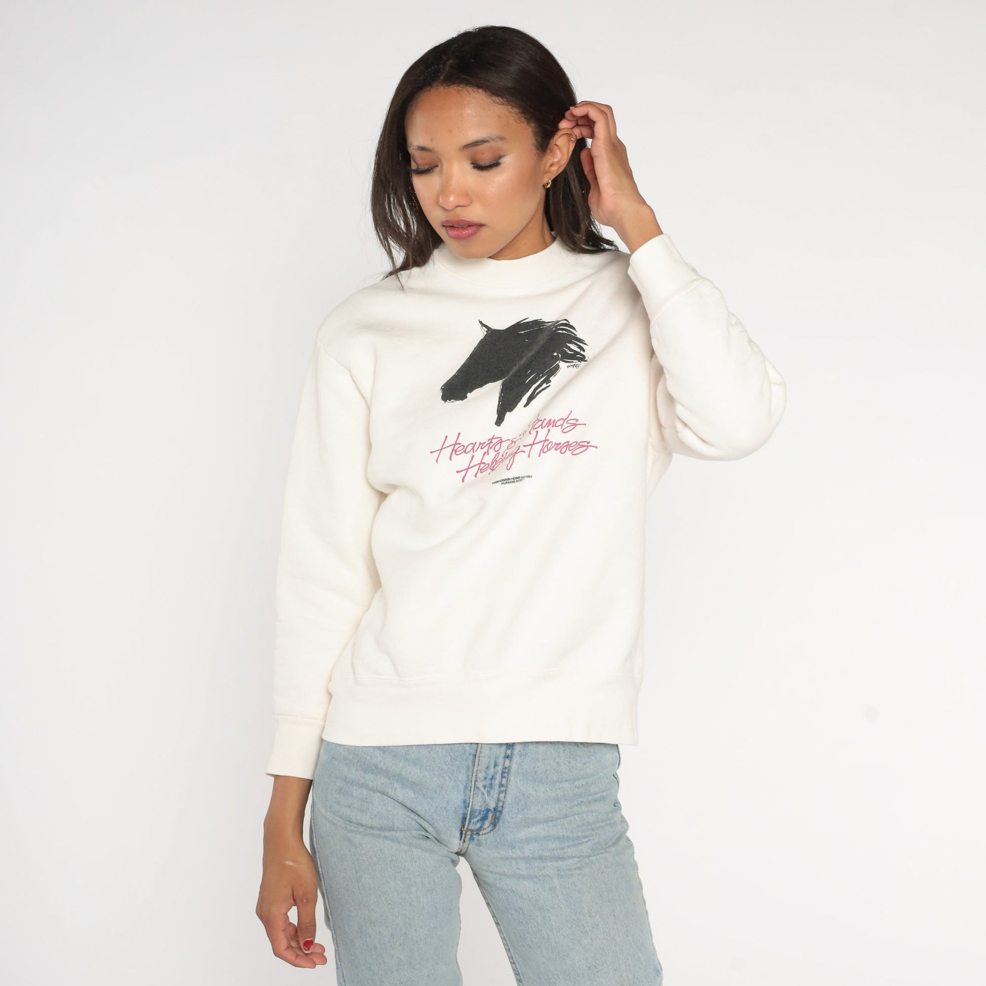 90s Hearts Hands Helping Horses Wisconsin Sweatshirt White Mock Neck Small