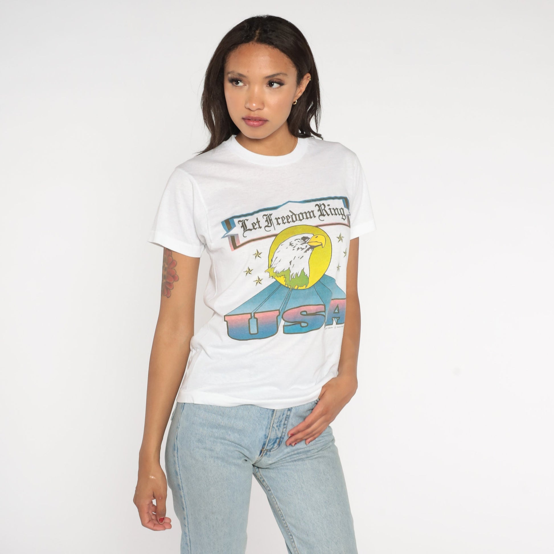 90s USA Bald Eagle Let Freedom Ring Patriotic Graphic Tee White Small