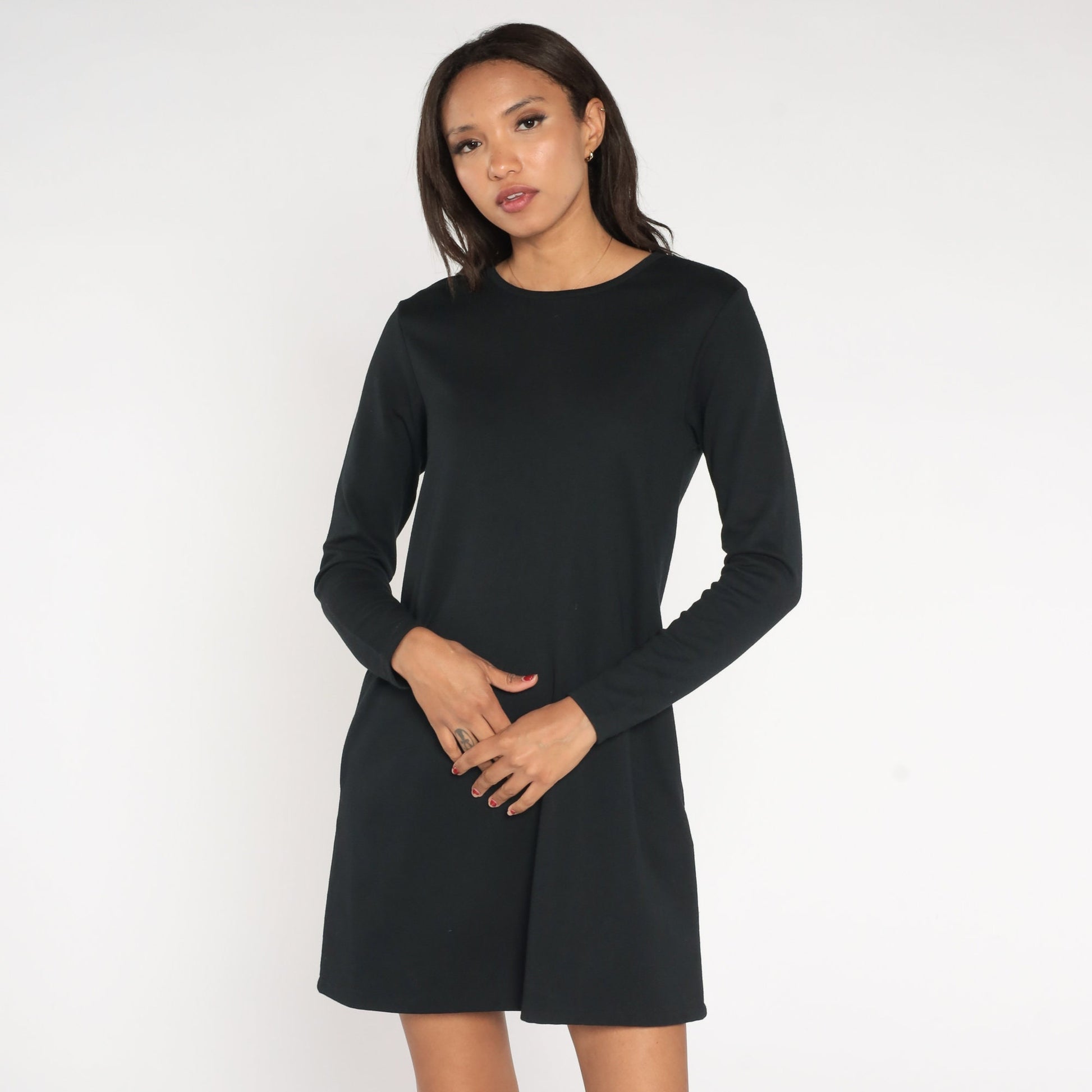 90s Liz Claiborne Black Mini Shift Dress Long Sleeve Small S