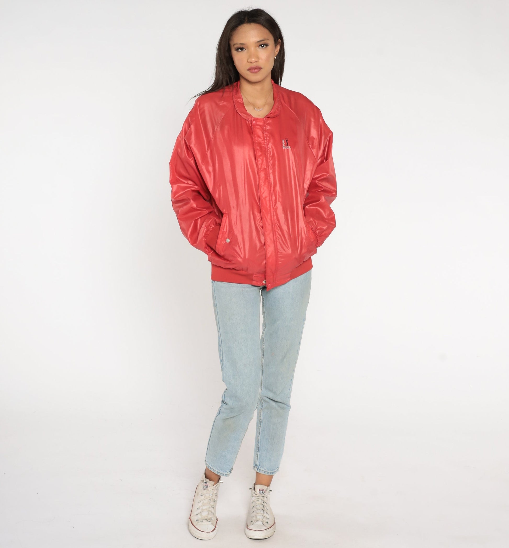 80s PGA Tour Bomber Jacket Red Nylon Raglan Windbreaker Medium