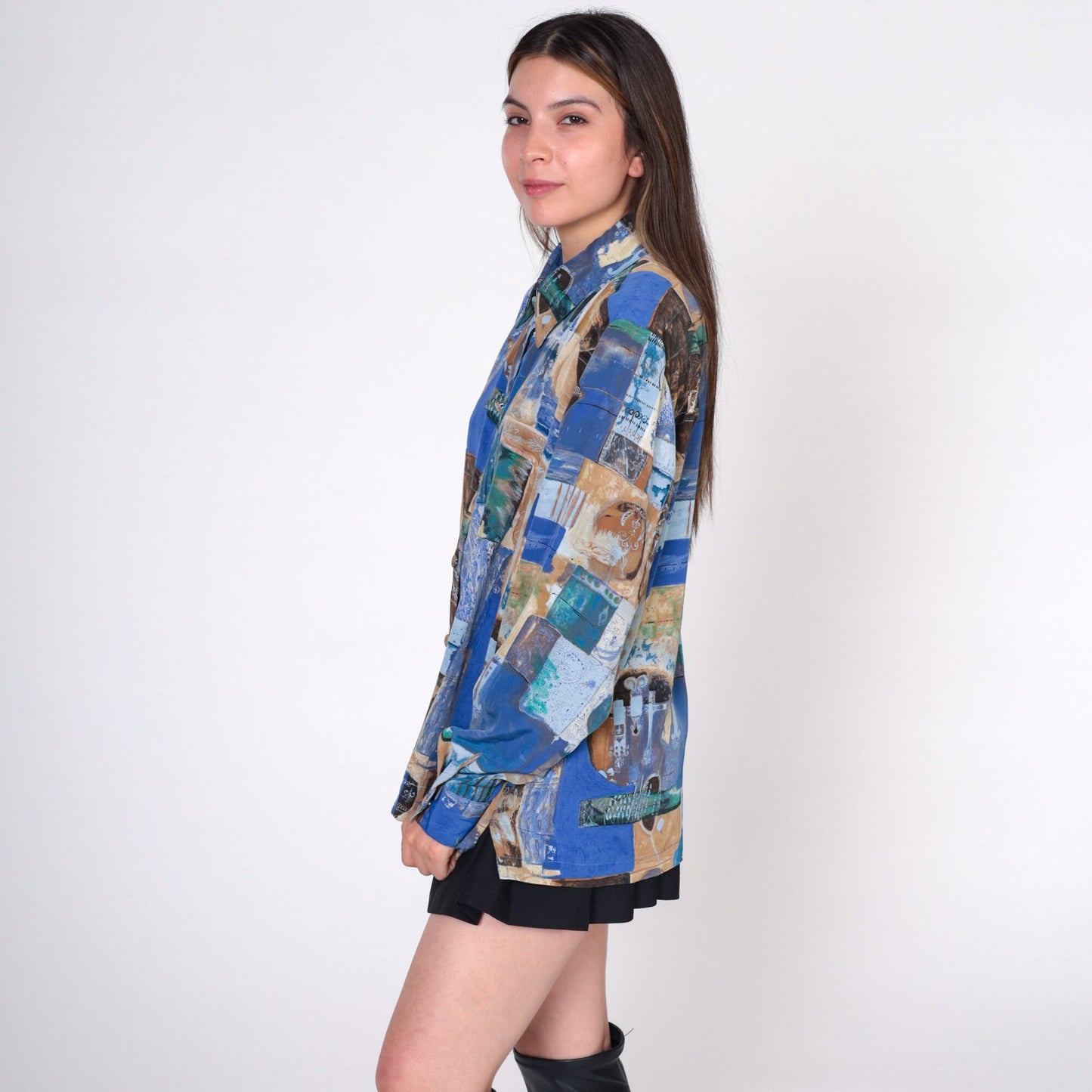 90s Abstract Patchwork Button-Up Shirt Blue Long Sleeve Extra Large
