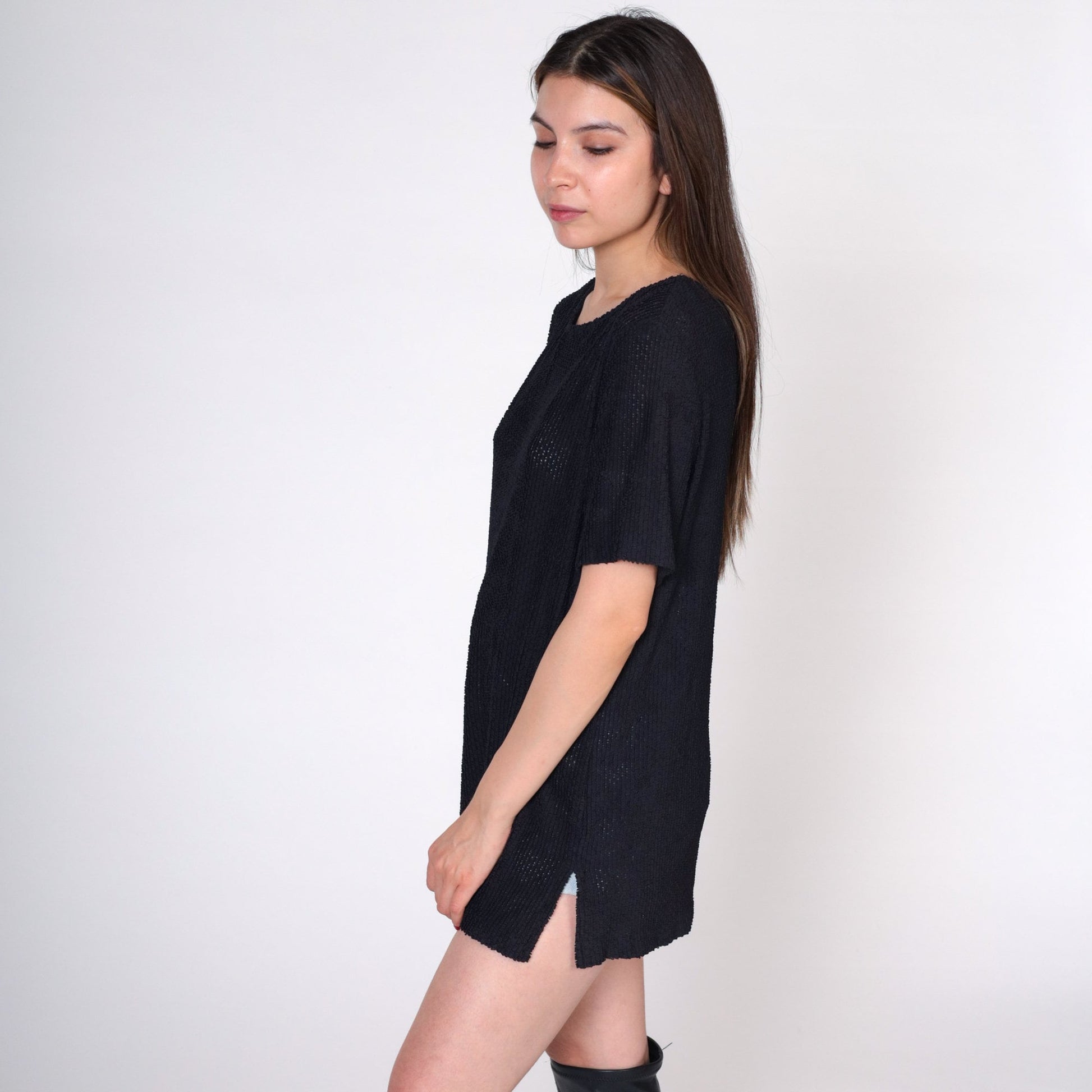 90s Black Sheer T-Shirt Textured Crewneck Short Sleeve Medium