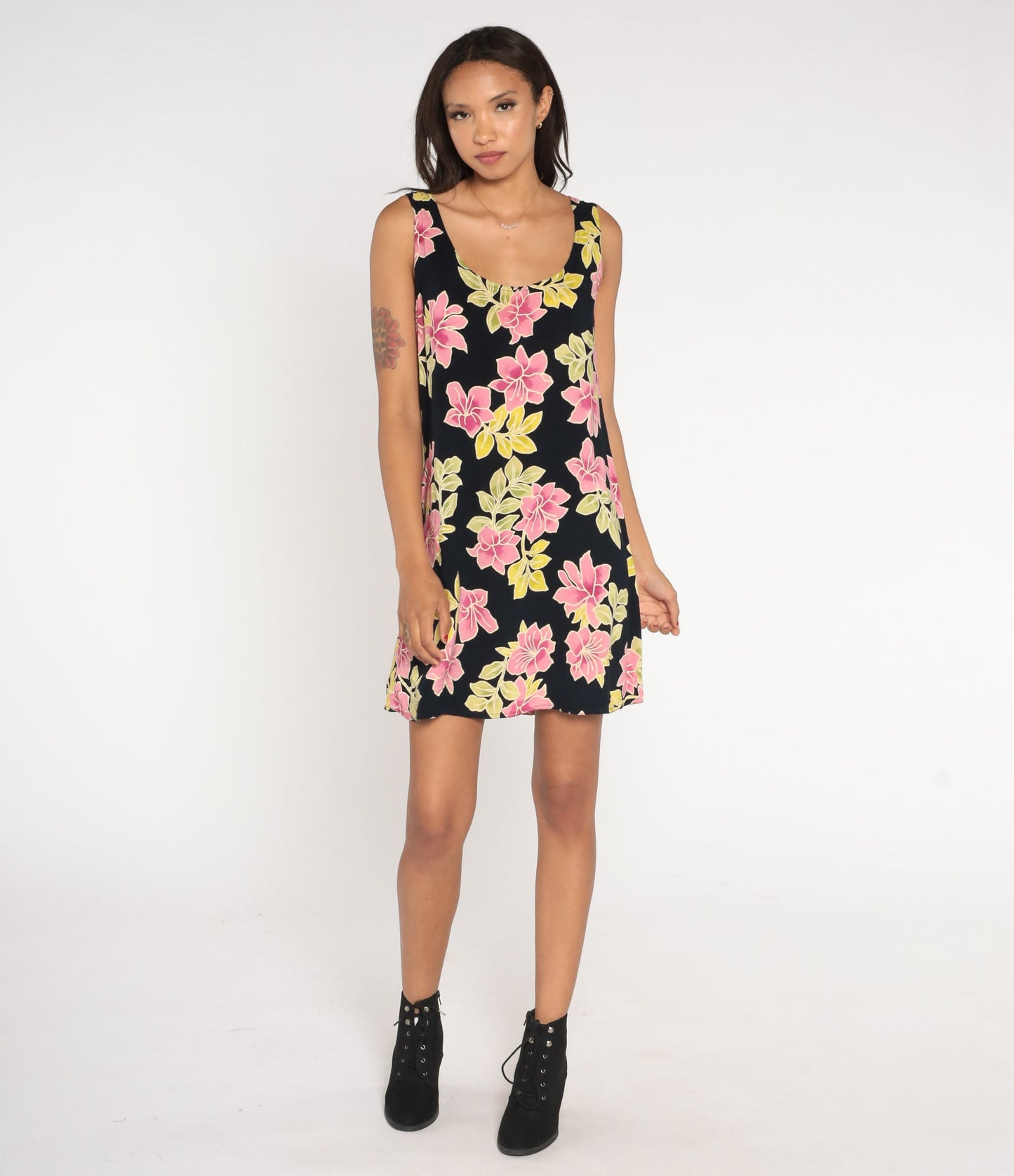 90s Black Tropical Floral Mini Dress Sleeveless Sundress Hibiscus Large L