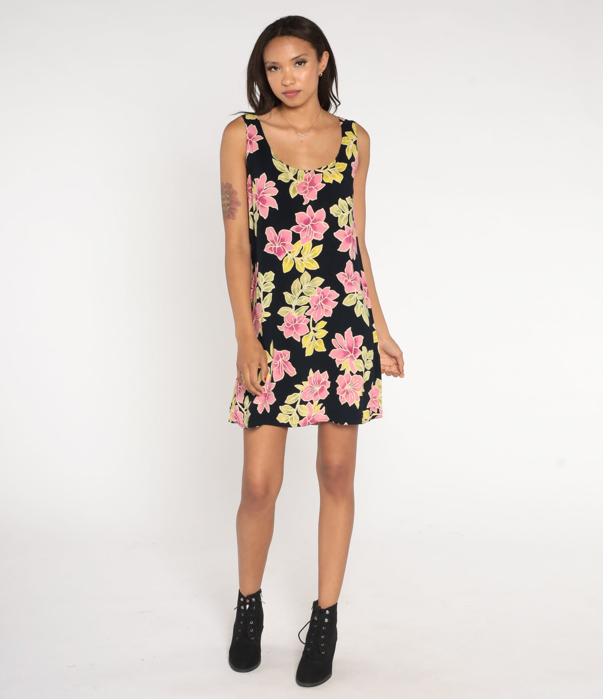 90s Black Tropical Floral Mini Dress Sleeveless Sundress Hibiscus Large L