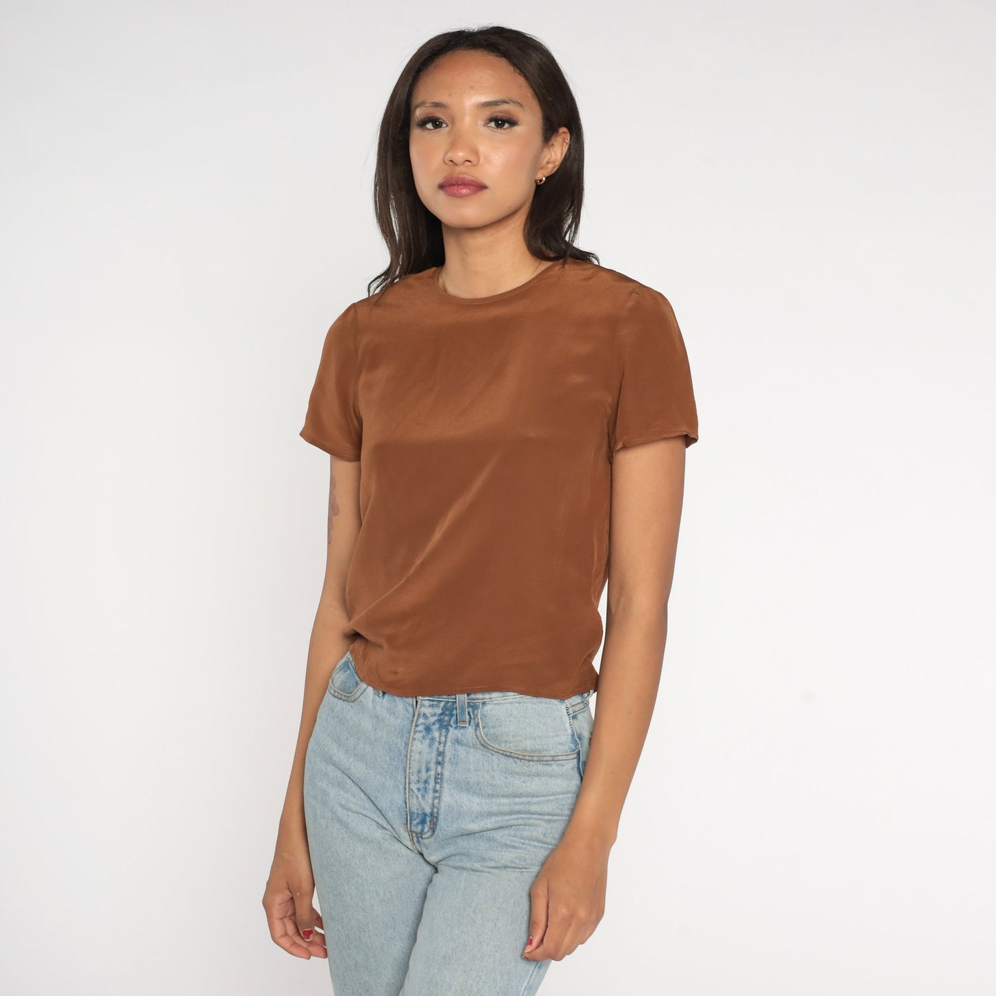 80s Brown Shiny Blouse Short Sleeve Crewneck Small