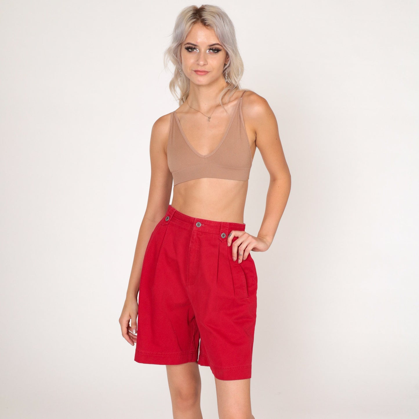 90s Liz Claiborne Red Pleated High-Waist Shorts Cotton Extra Small