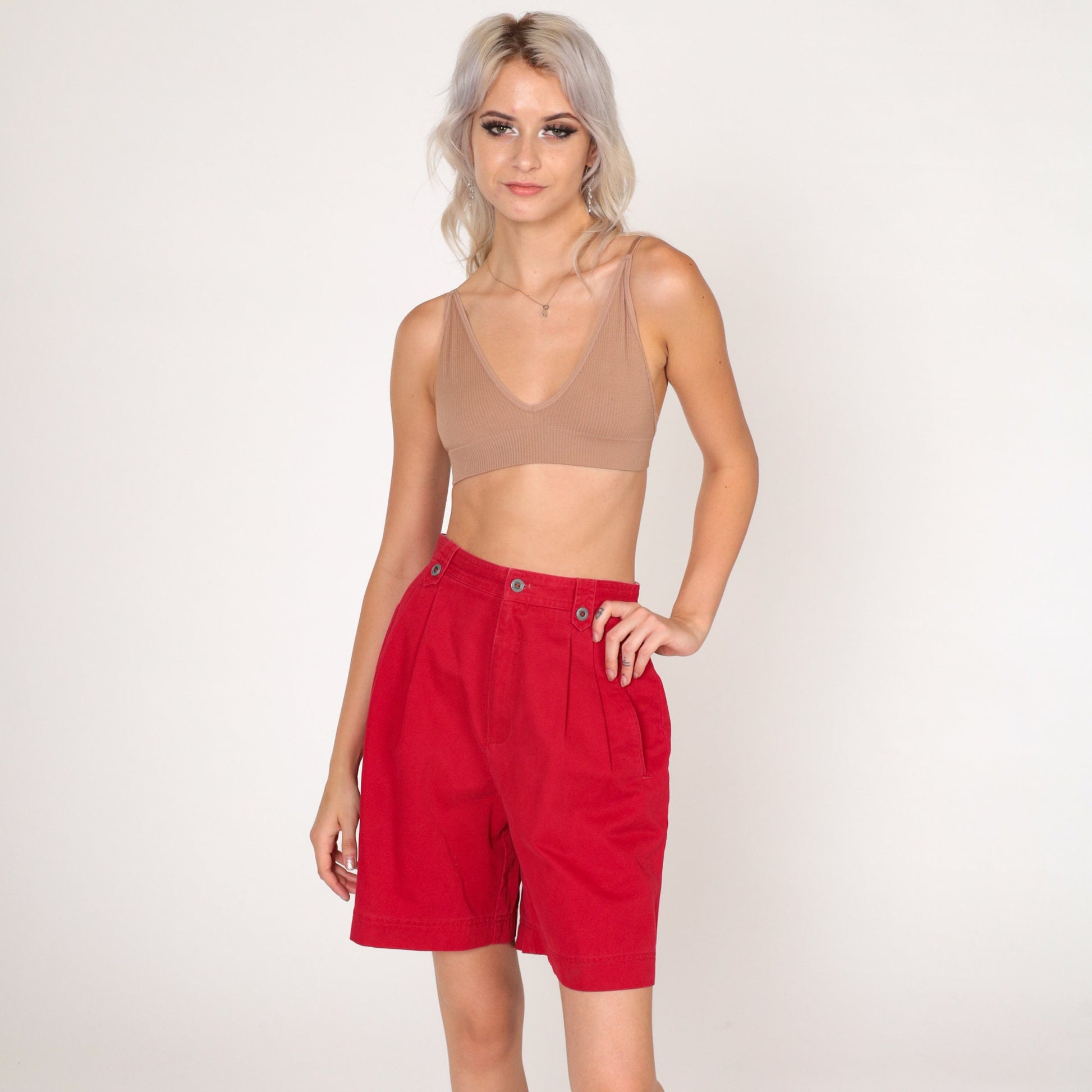 90s Liz Claiborne Red Pleated High-Waist Shorts Cotton Extra Small