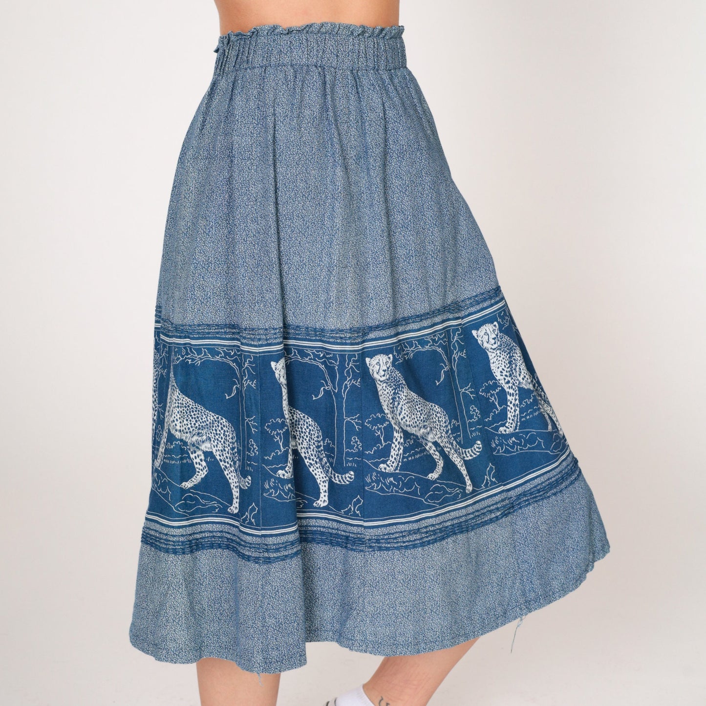 80s Leopard Print Midi Skirt Blue Jungle Cat A-Line High Waist Extra Small