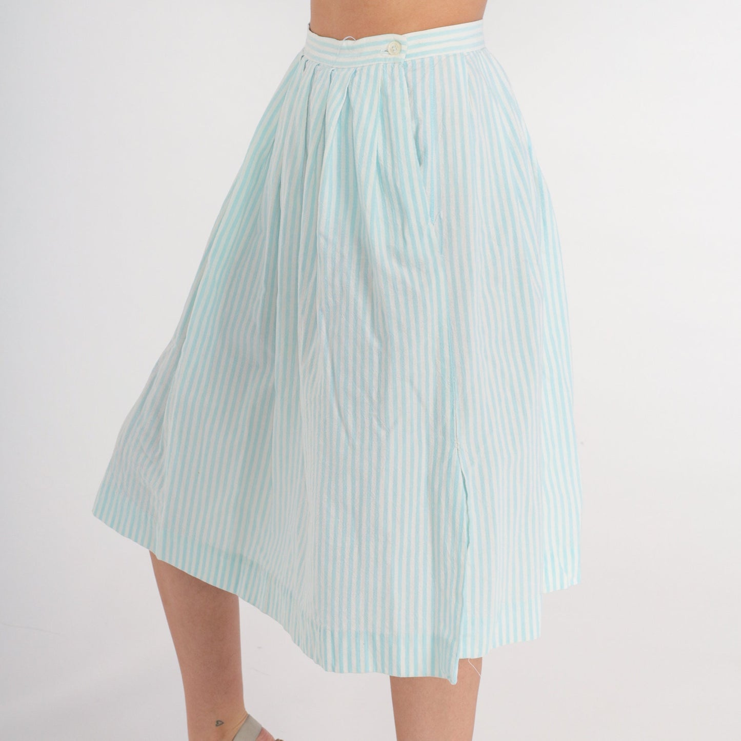 80s Striped Midi Skirt Baby Blue White Pinstripe Pleated High Waist Cotton Extra Small