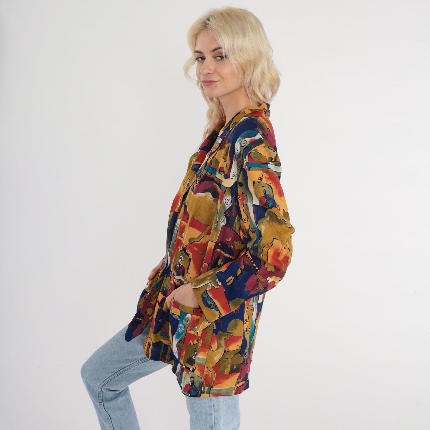 90s Camel Abstract Print Blazer Jacket Colorful Button-Up Collared Small S