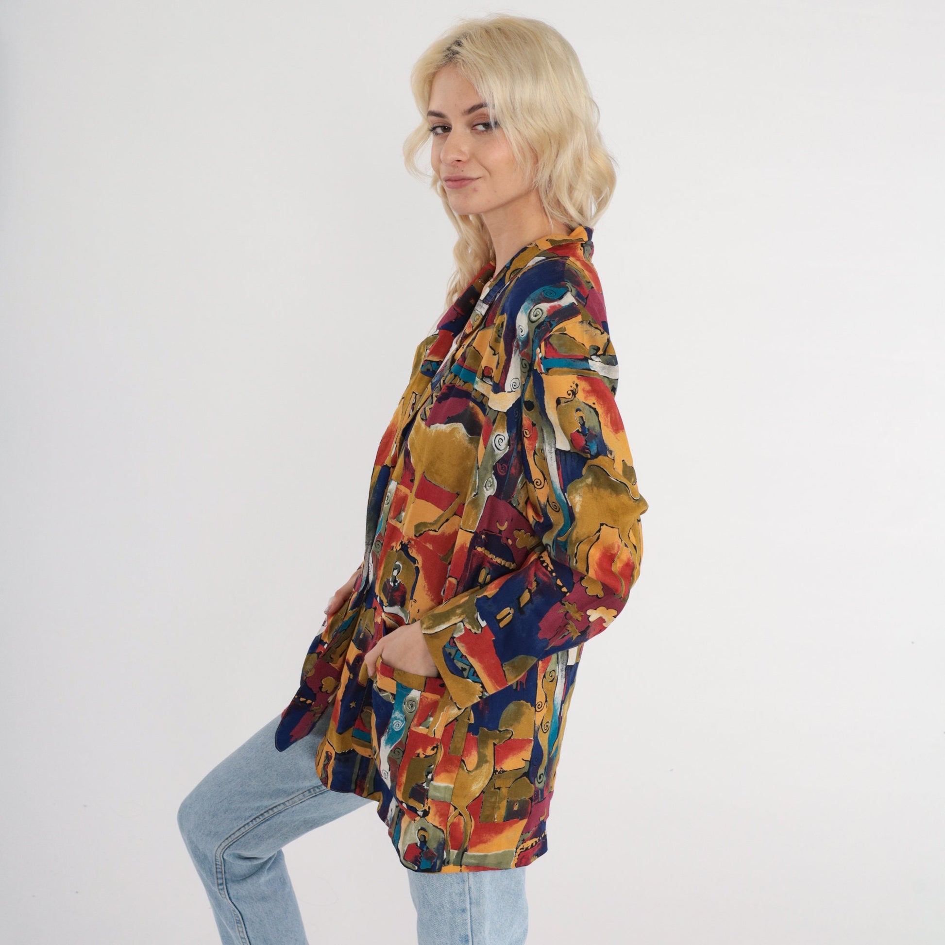 90s Camel Abstract Print Blazer Jacket Colorful Button-Up Collared Small S