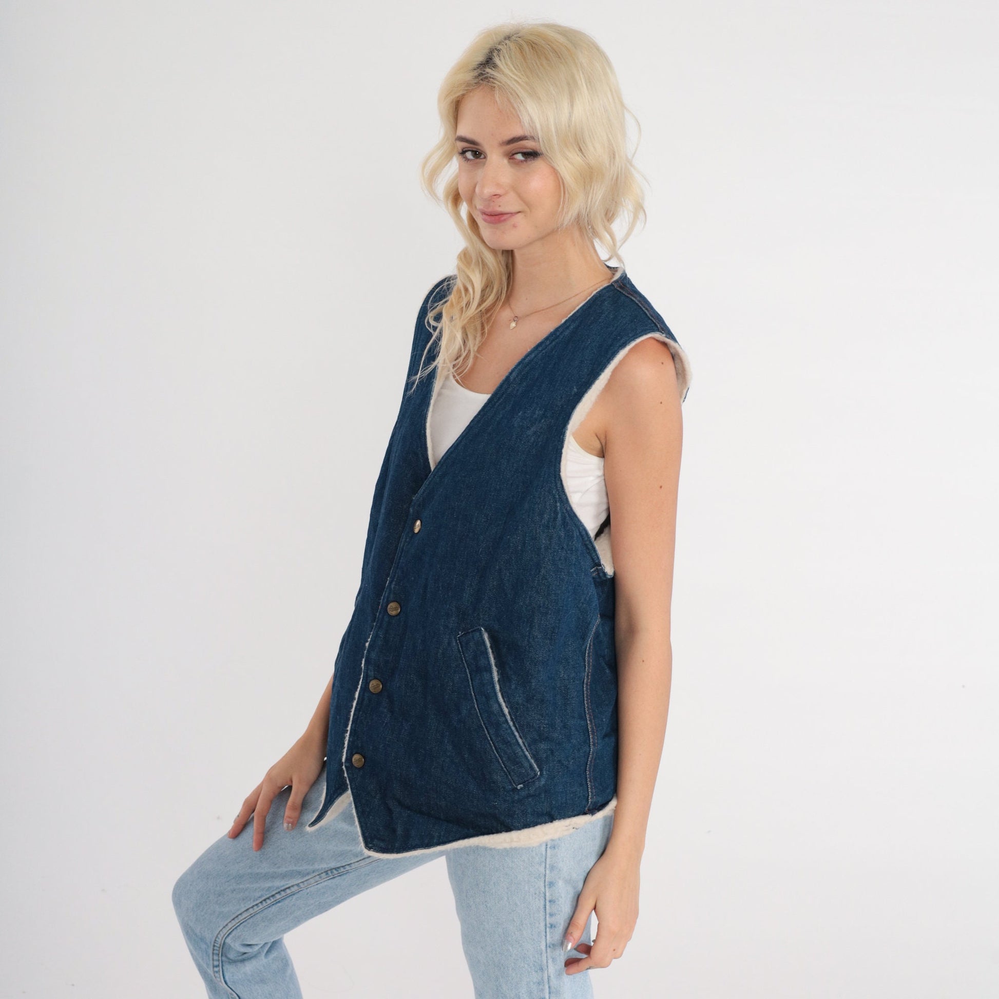 80s Osh Kosh B'Gosh Denim Vest Faux Sherpa Lining Blue Button-Up Large L