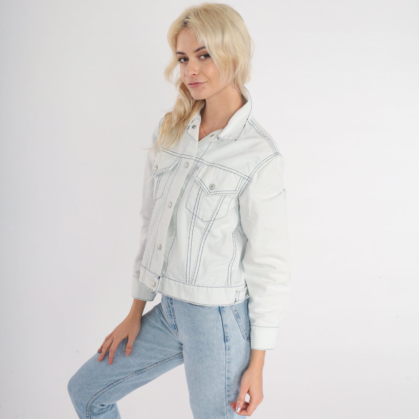 80s Levi's Denim Jacket White Stone Wash Cropped Button Up Extra Small
