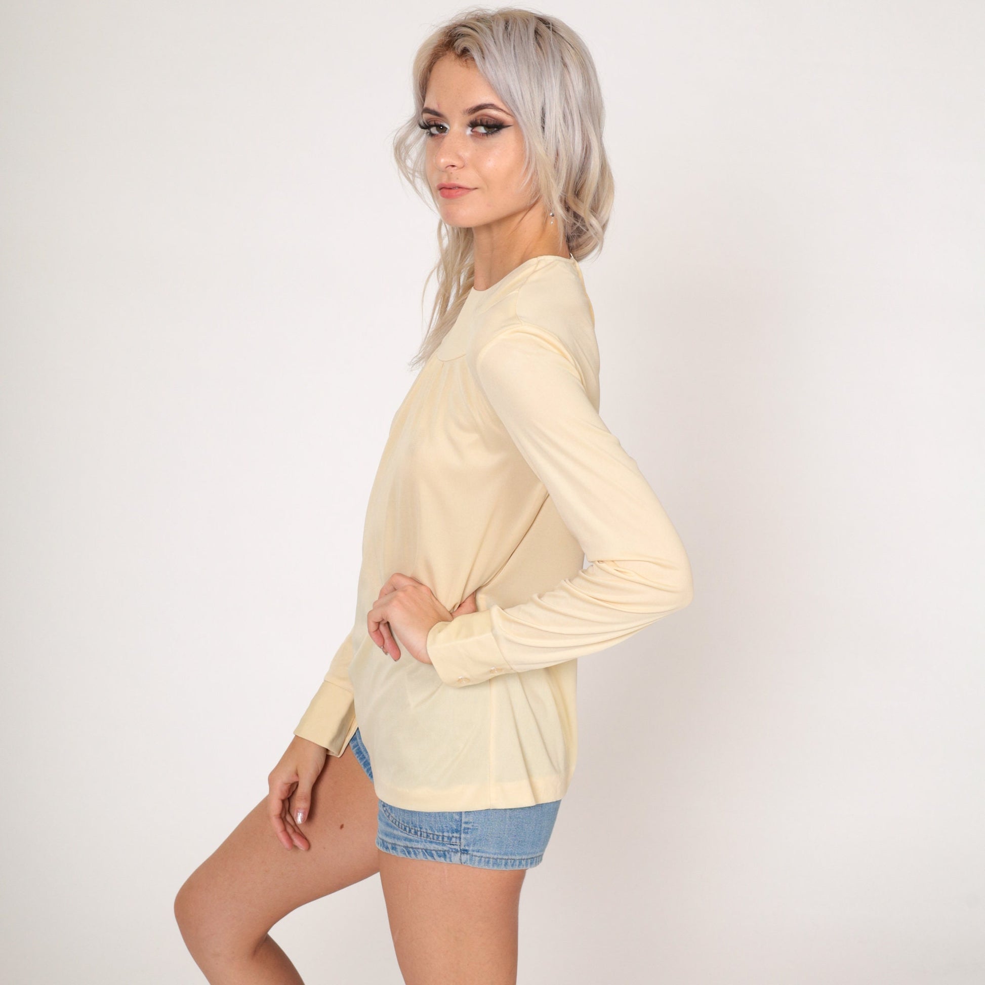 70s Cream Semi-Sheer Blouse Long Sleeve Ruched Back Zip Top Small