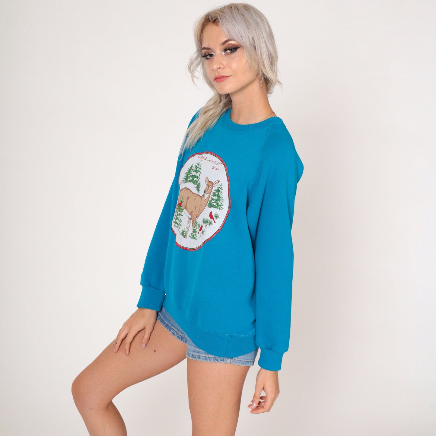 80s Gerald Winters Dear Sweatshirt Blue Deer Cardinal Graphic Raglan Medium