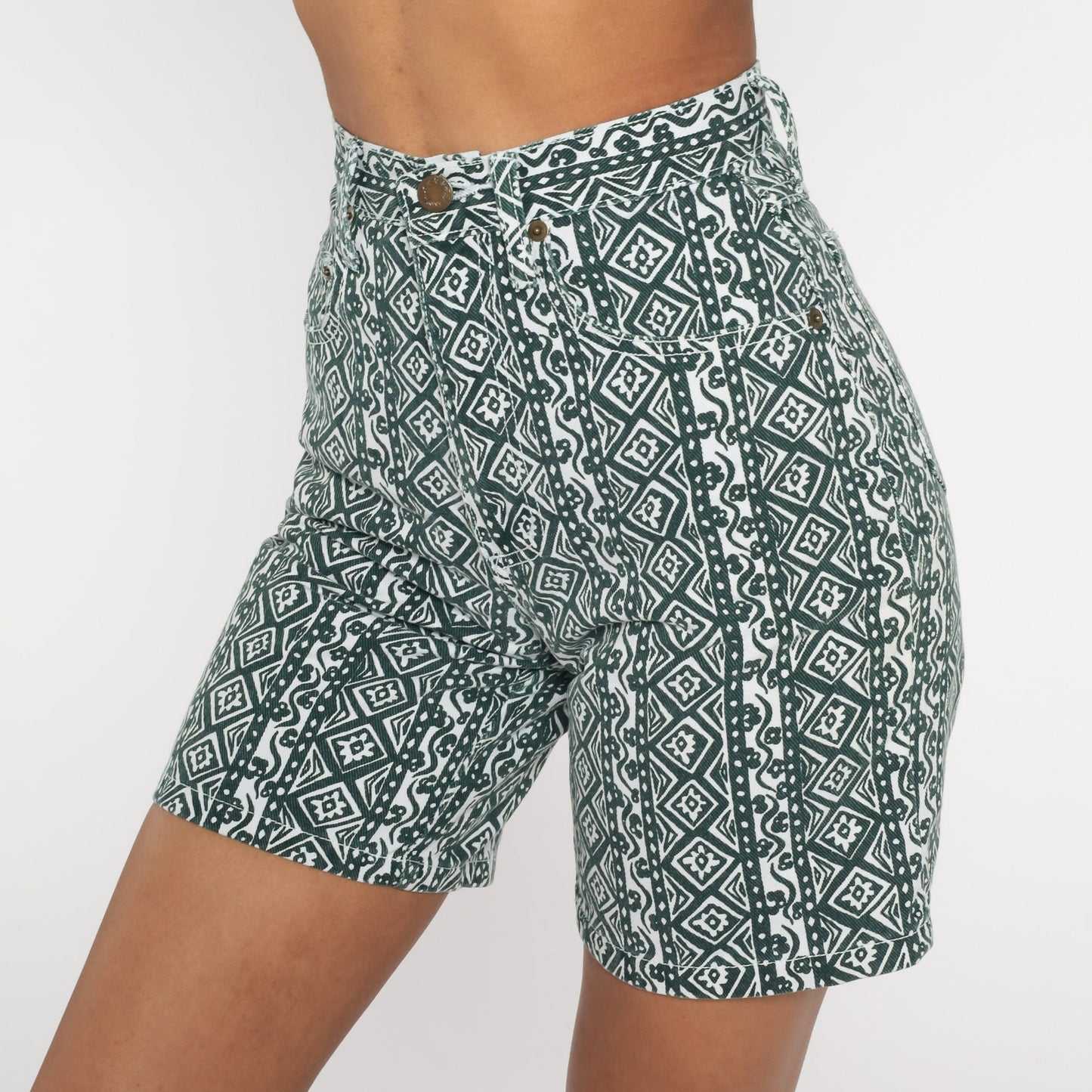 90s Sostanza Floral Denim Shorts High Waist Green White Geometric Print XXS
