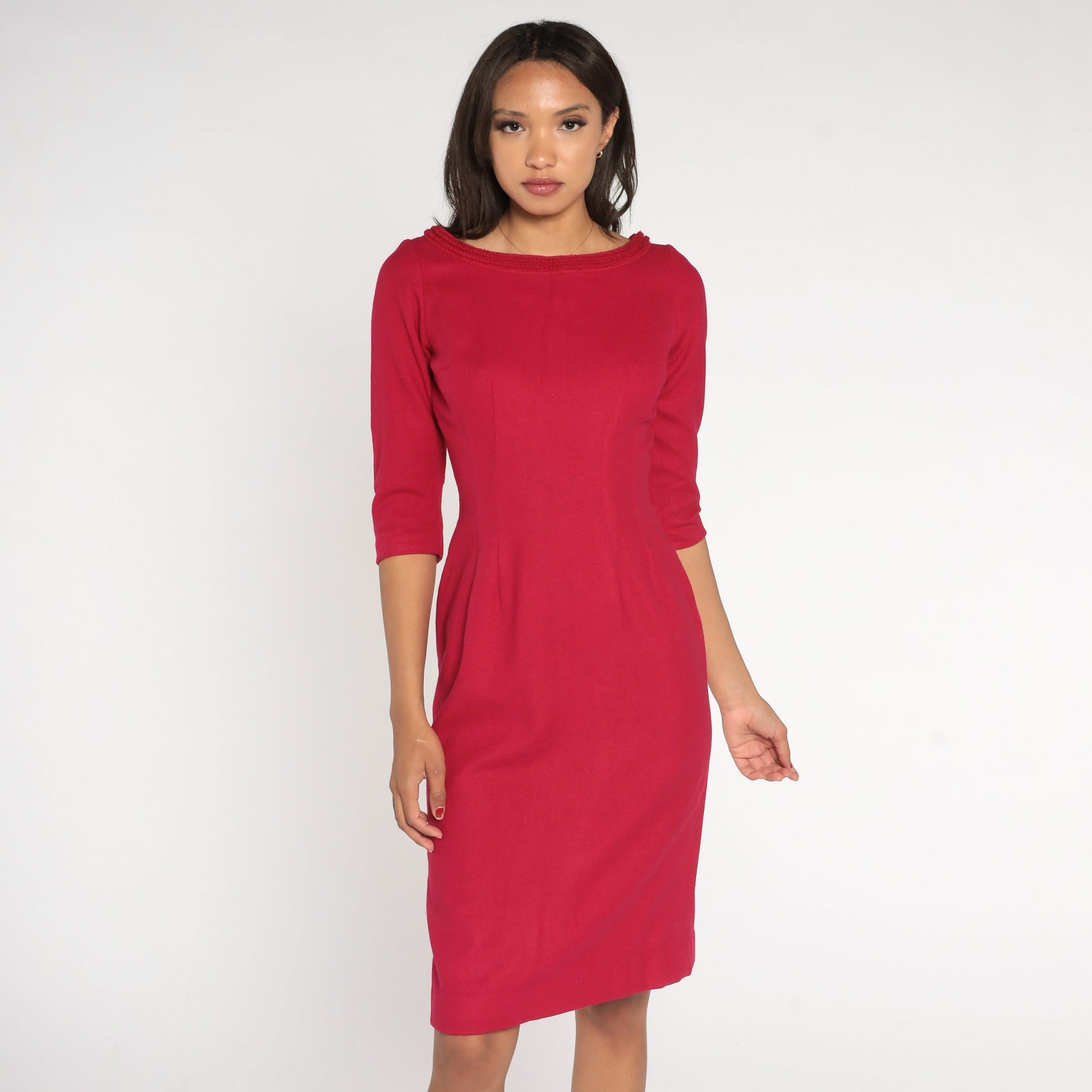 1960s Berry Wool Pencil Dress High Waist 3/4 Sleeve Knee Length Small