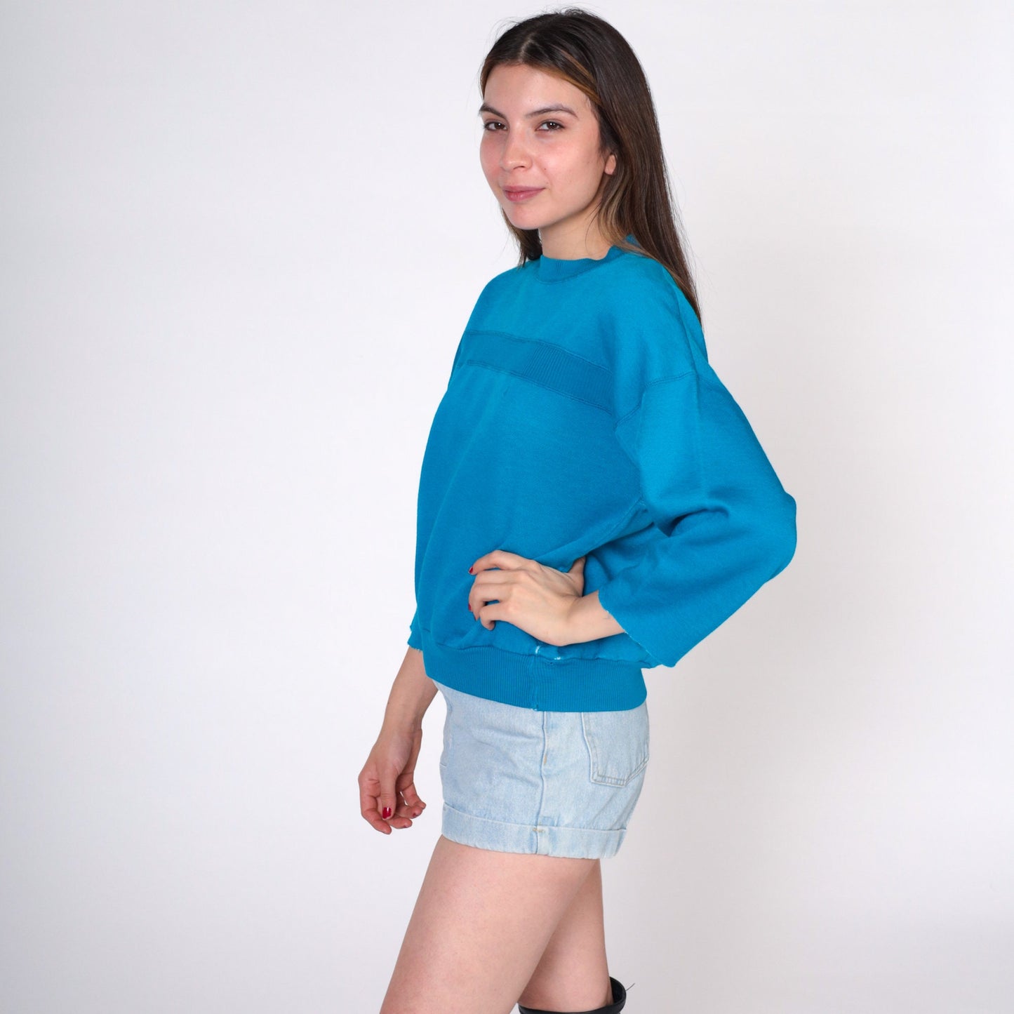 80s Turquoise Sweatshirt Cutoff 3/4 Sleeve Crewneck Stripe Medium