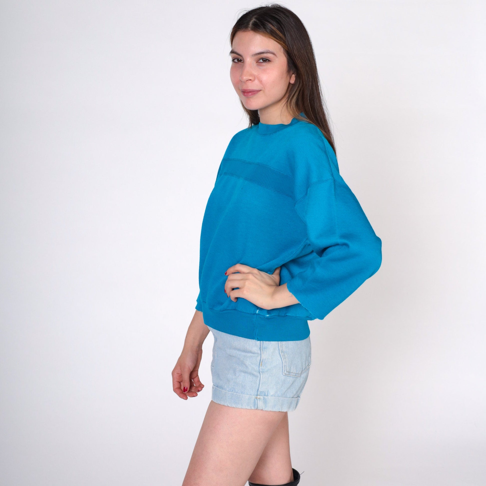 80s Turquoise Sweatshirt Cutoff 3/4 Sleeve Crewneck Stripe Medium