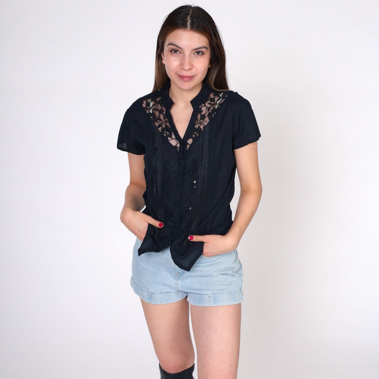 00s Black Lace Beaded Sequin Button-Up Blouse V-Neck Short Sleeve Small