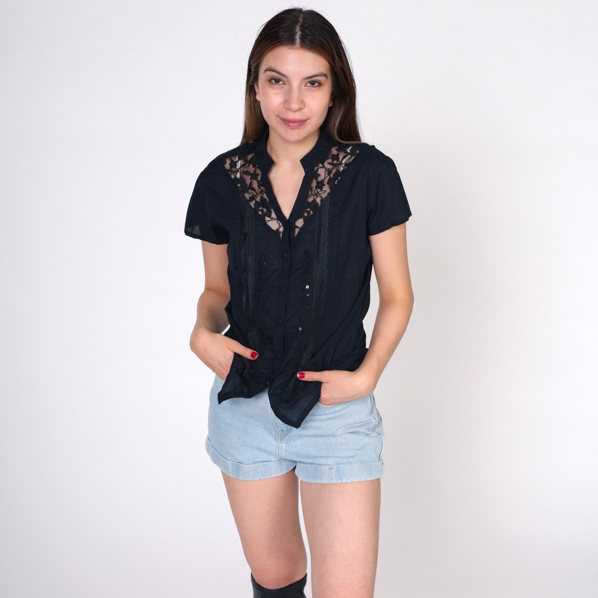 00s Black Lace Beaded Sequin Button-Up Blouse V-Neck Short Sleeve Small