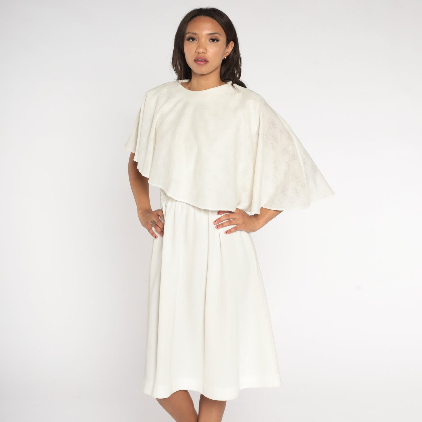 70s Asymmetrical Capelet Midi Dress Off White Paisley High Waist Medium Large
