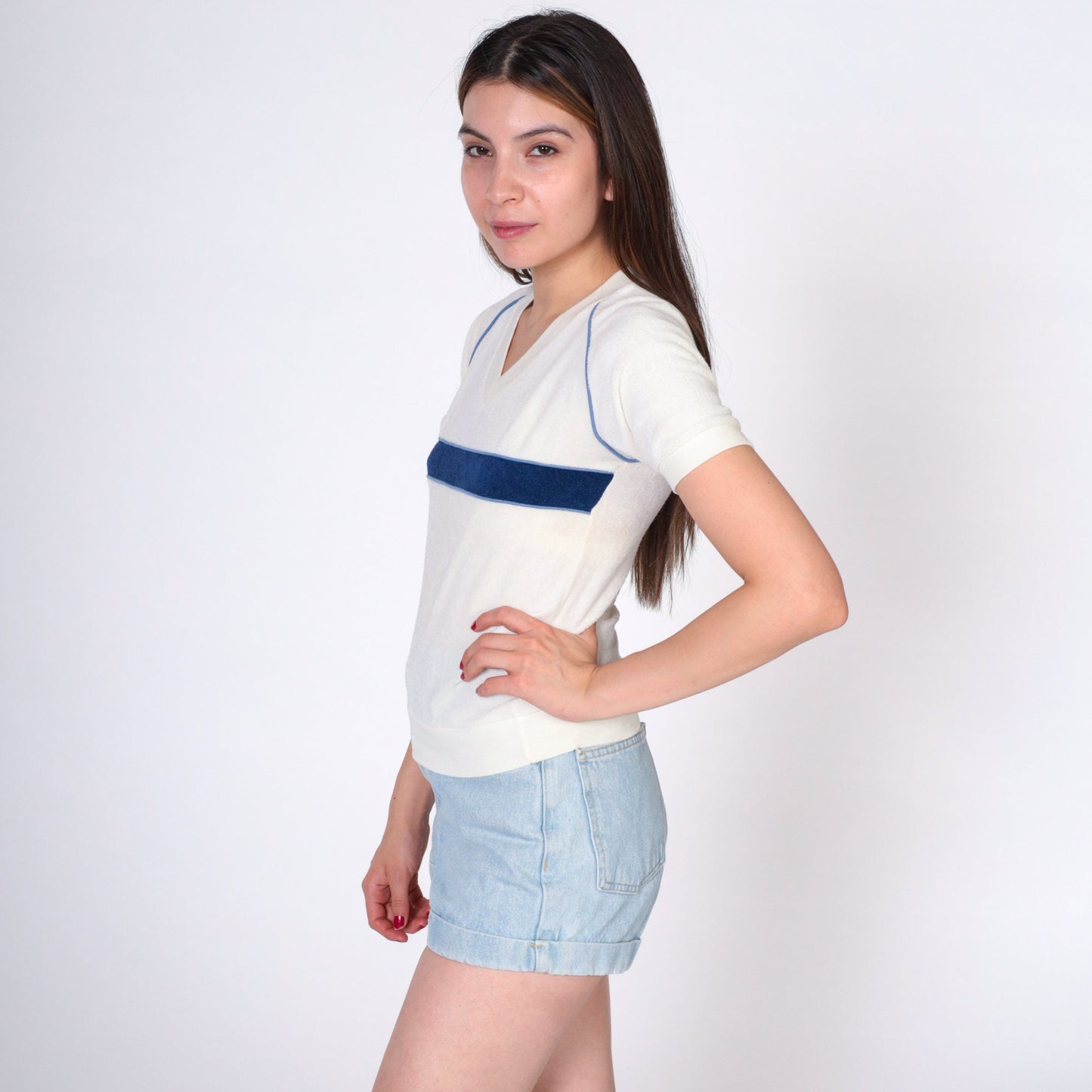 80s Mervyn's Terry Cloth V-Neck Raglan Tee Off-White Navy Stripe Extra Small
