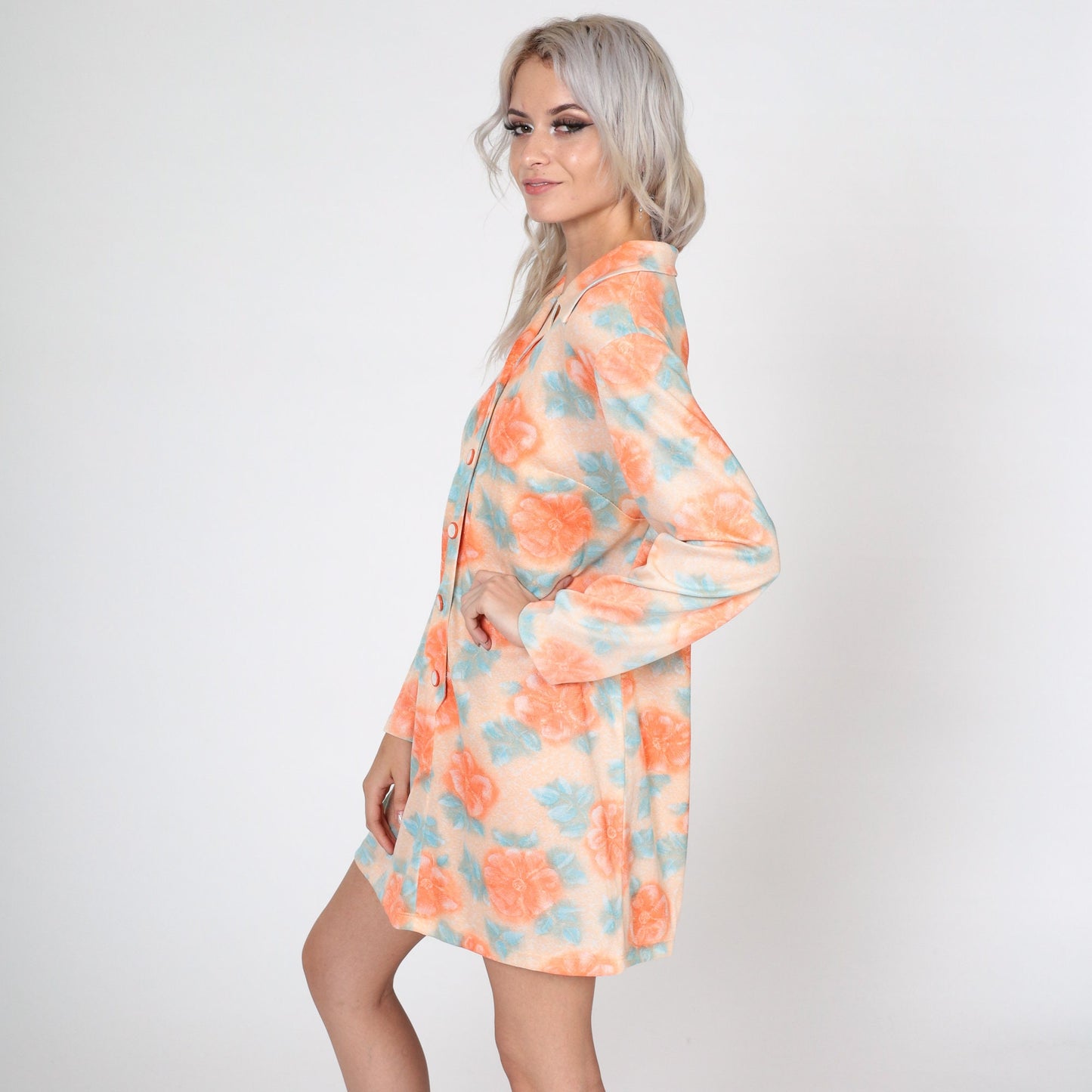 70s Orange Floral Mini Shift Dress Button-Up Long Sleeve Medium Large