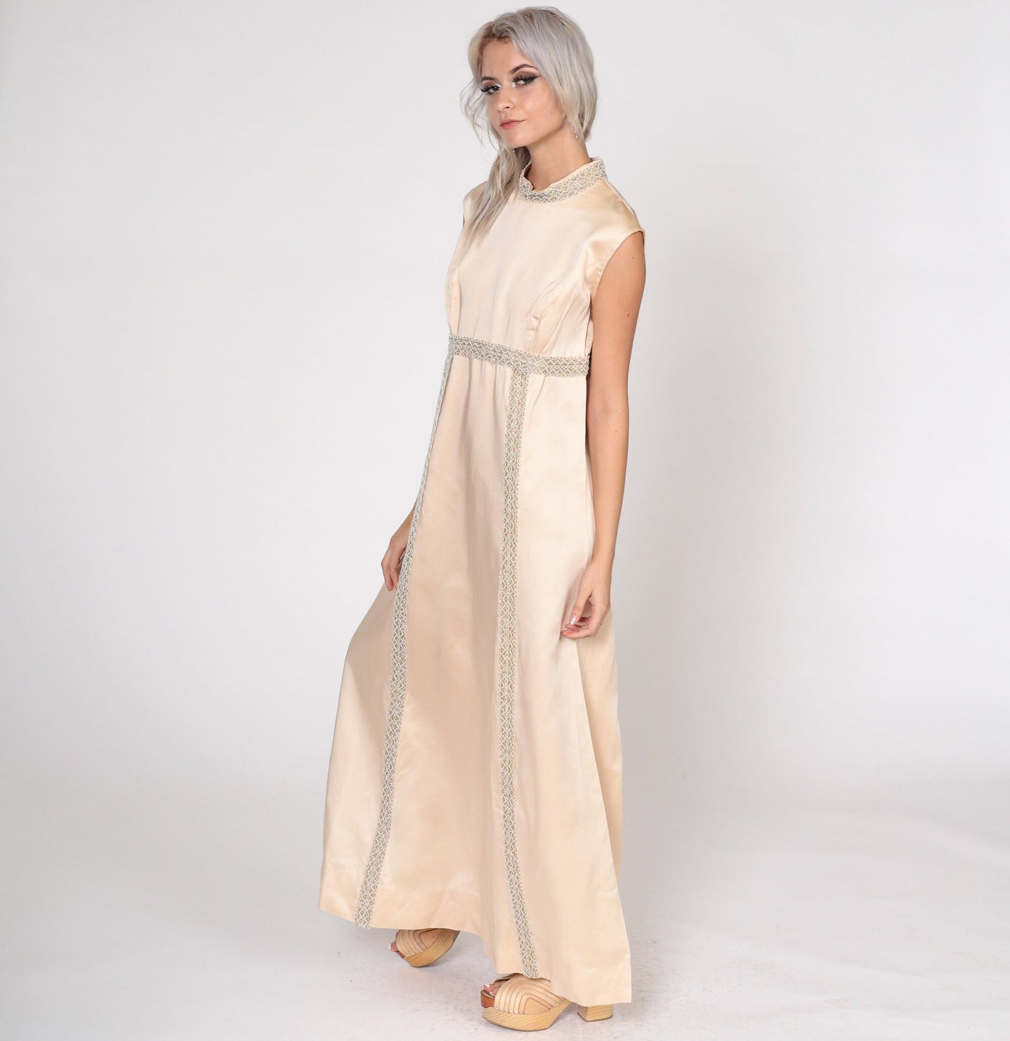 60s Champagne Beaded Maxi Dress Empire Waist Sleeveless Small S