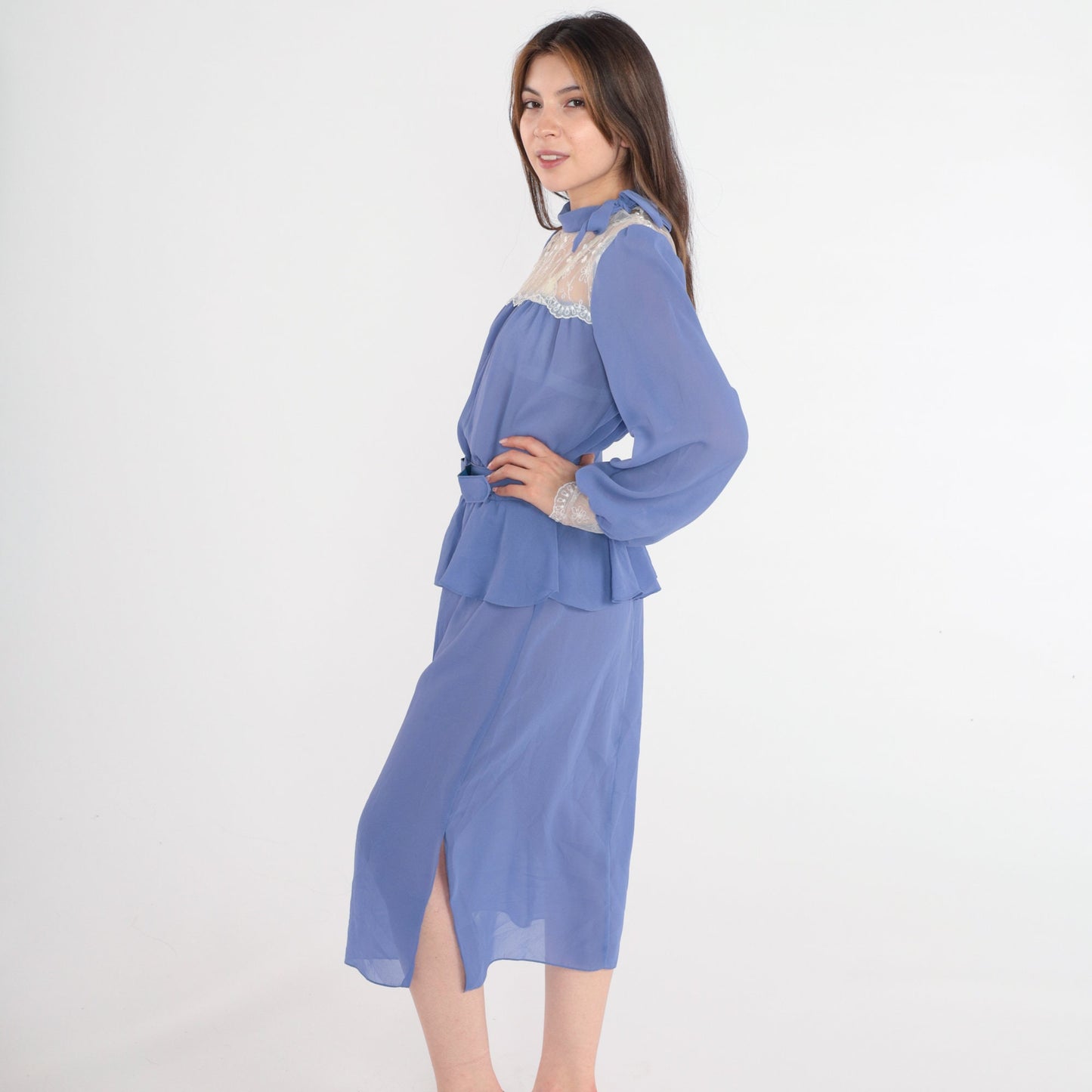 80s Purple Chiffon Midi Dress Lace Illusion Neckline Puff Sleeve Peplum Medium