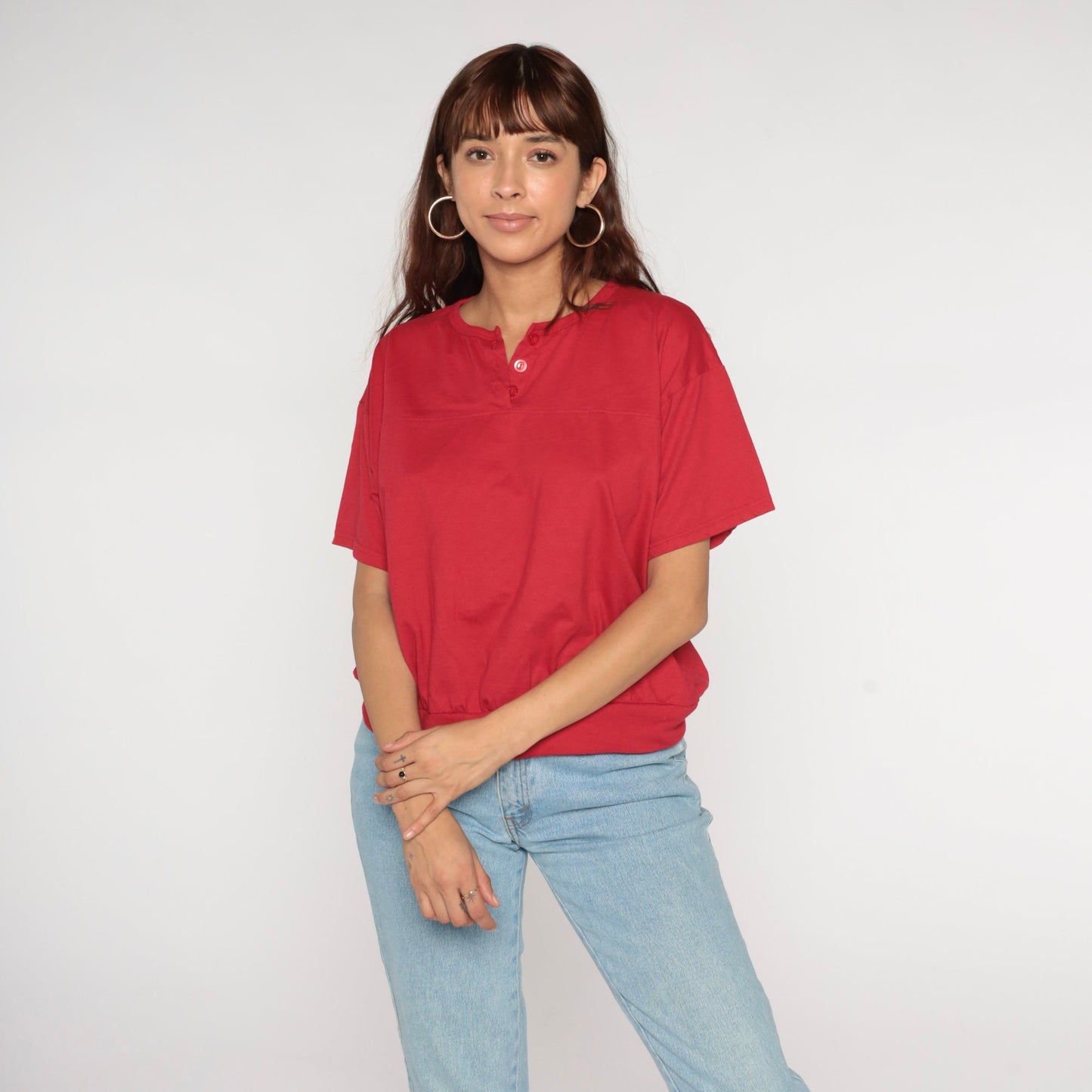 90s Red Henley Shirt Short Sleeve Banded Hem Extra Large XL