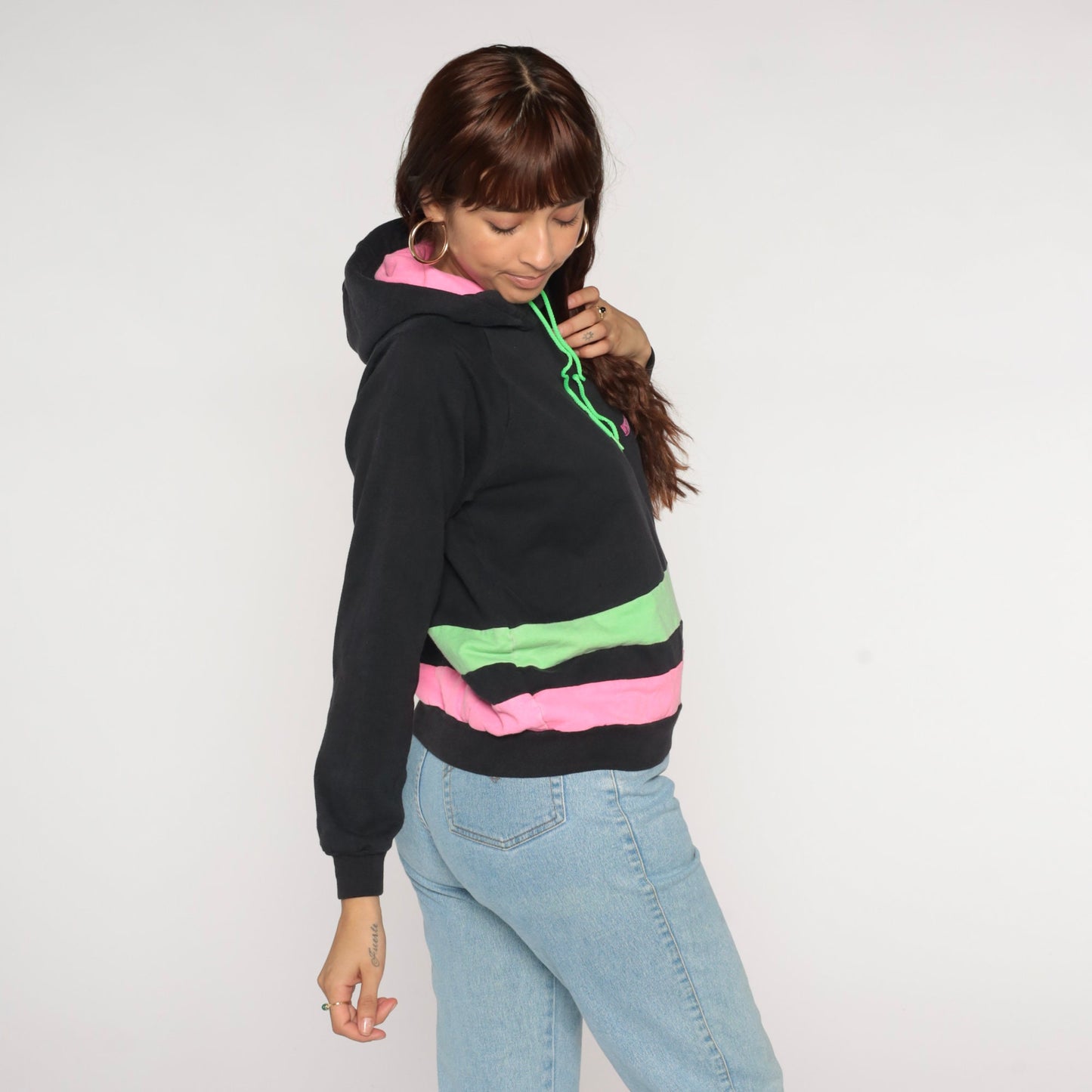 90s Whiskey Pete's Neon Striped Hoodie Black Pink Green Medium
