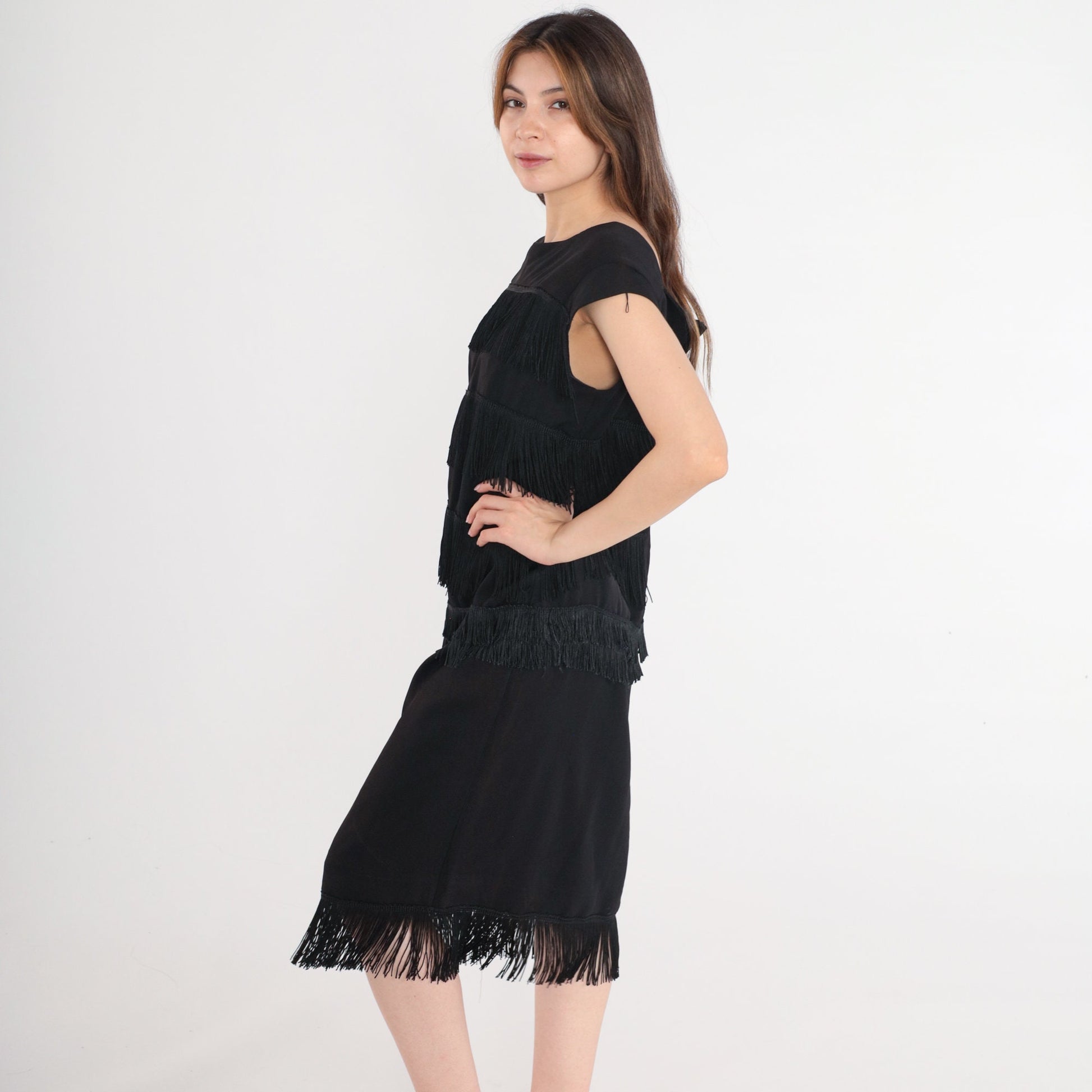 60s Black Fringe Shift Dress Cap Sleeve Cocktail Midi Medium