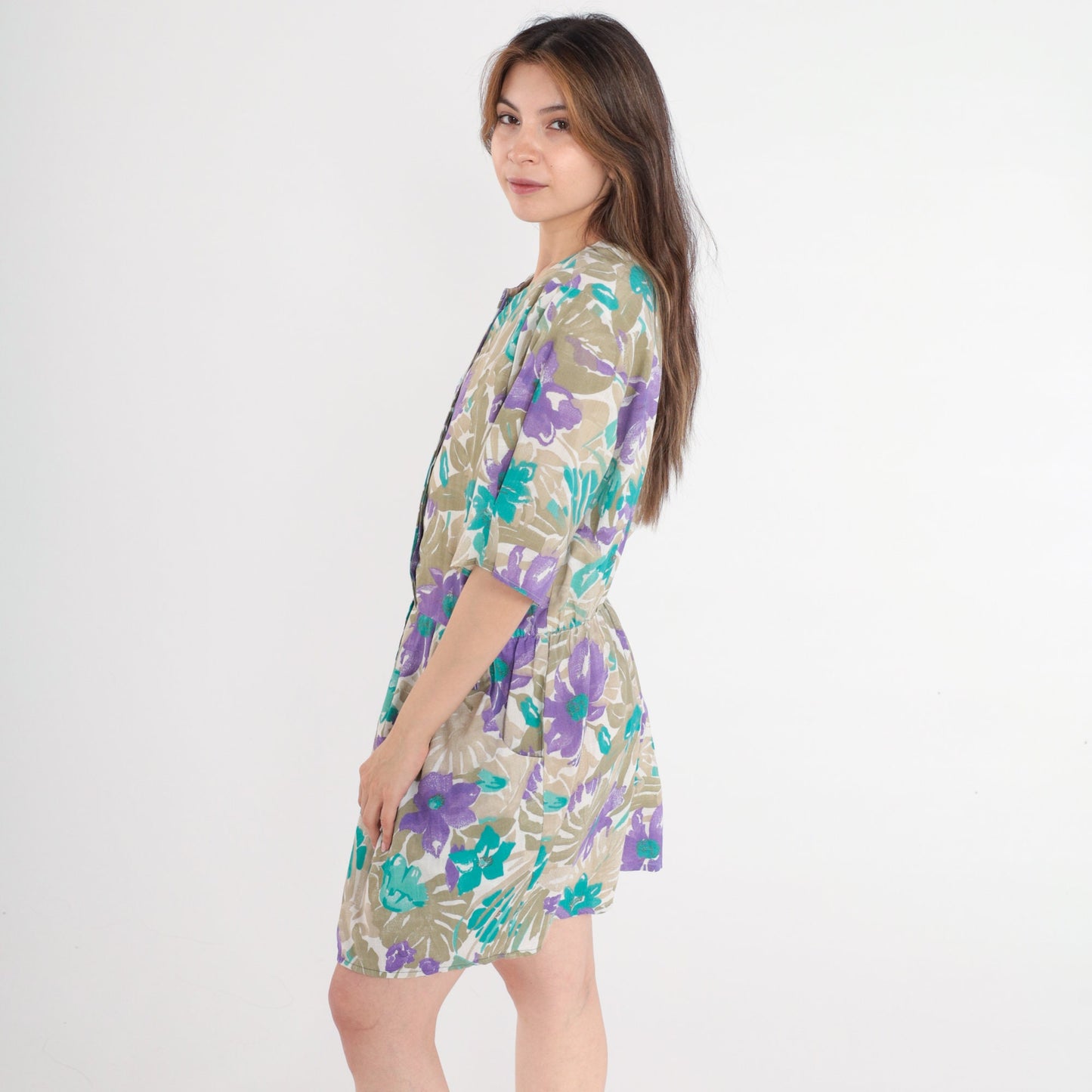 80s Floral Mini Dress Button Front Pleated Pockets Khaki Purple Large
