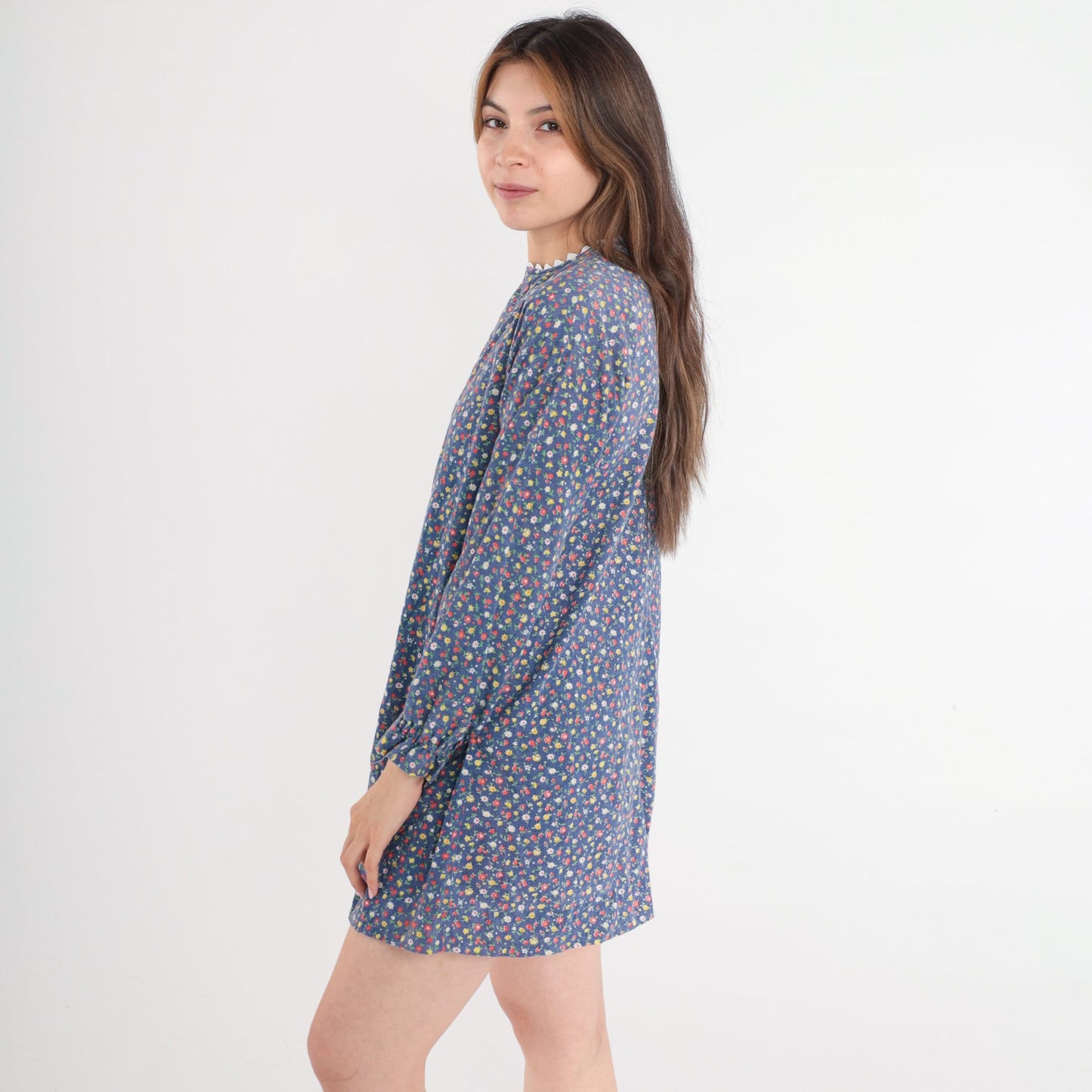 1970s Blue Floral Calico Mini Shift Dress Long Sleeve Small