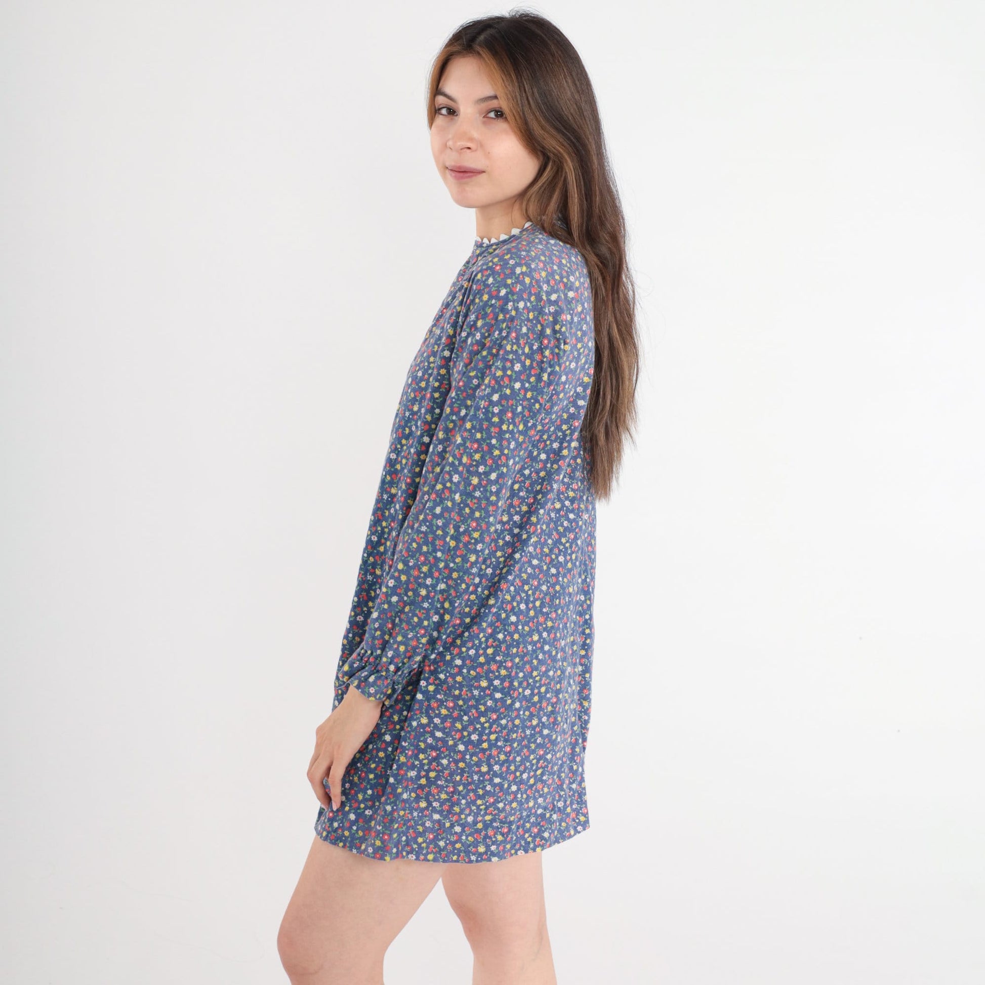 1970s Blue Floral Calico Mini Shift Dress Long Sleeve Small