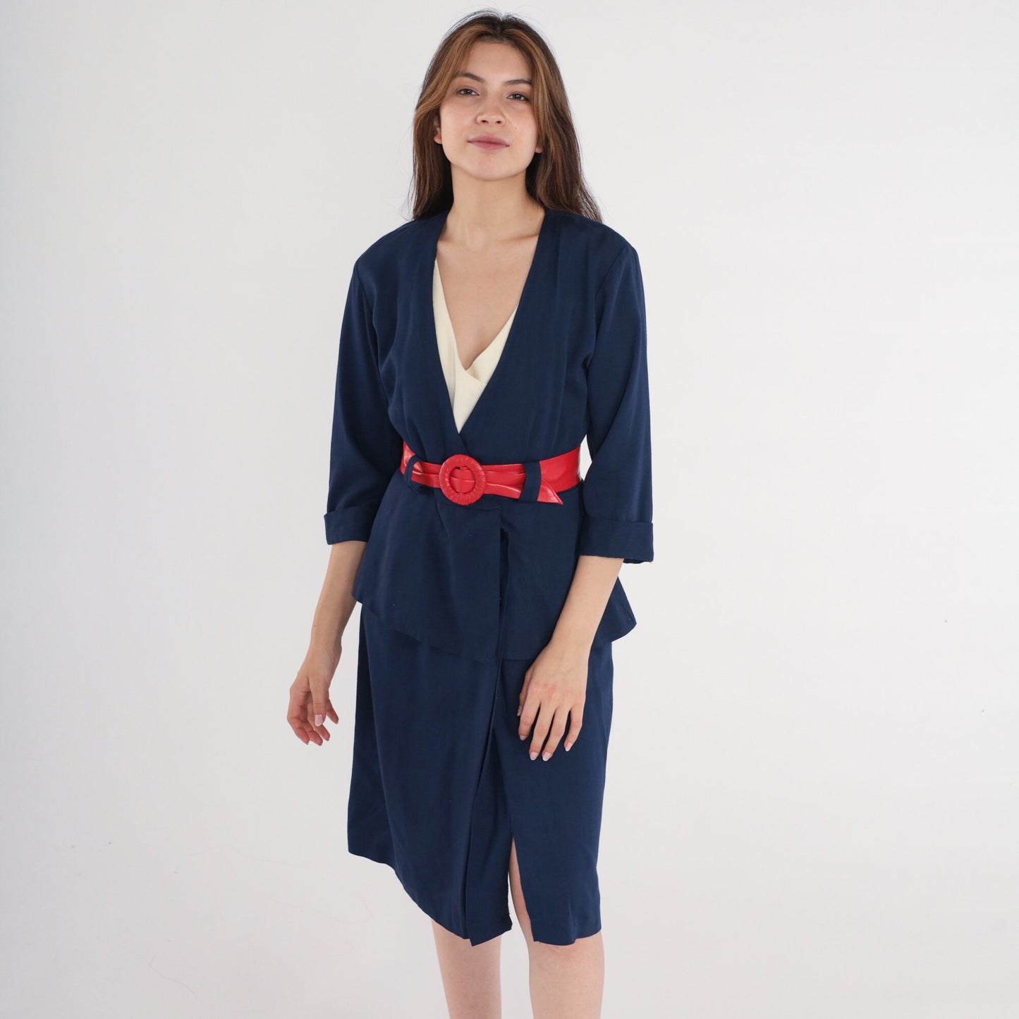 80s Michael Blair Wrap Dress Deep V Neck High Waist Midi Navy Blue Small