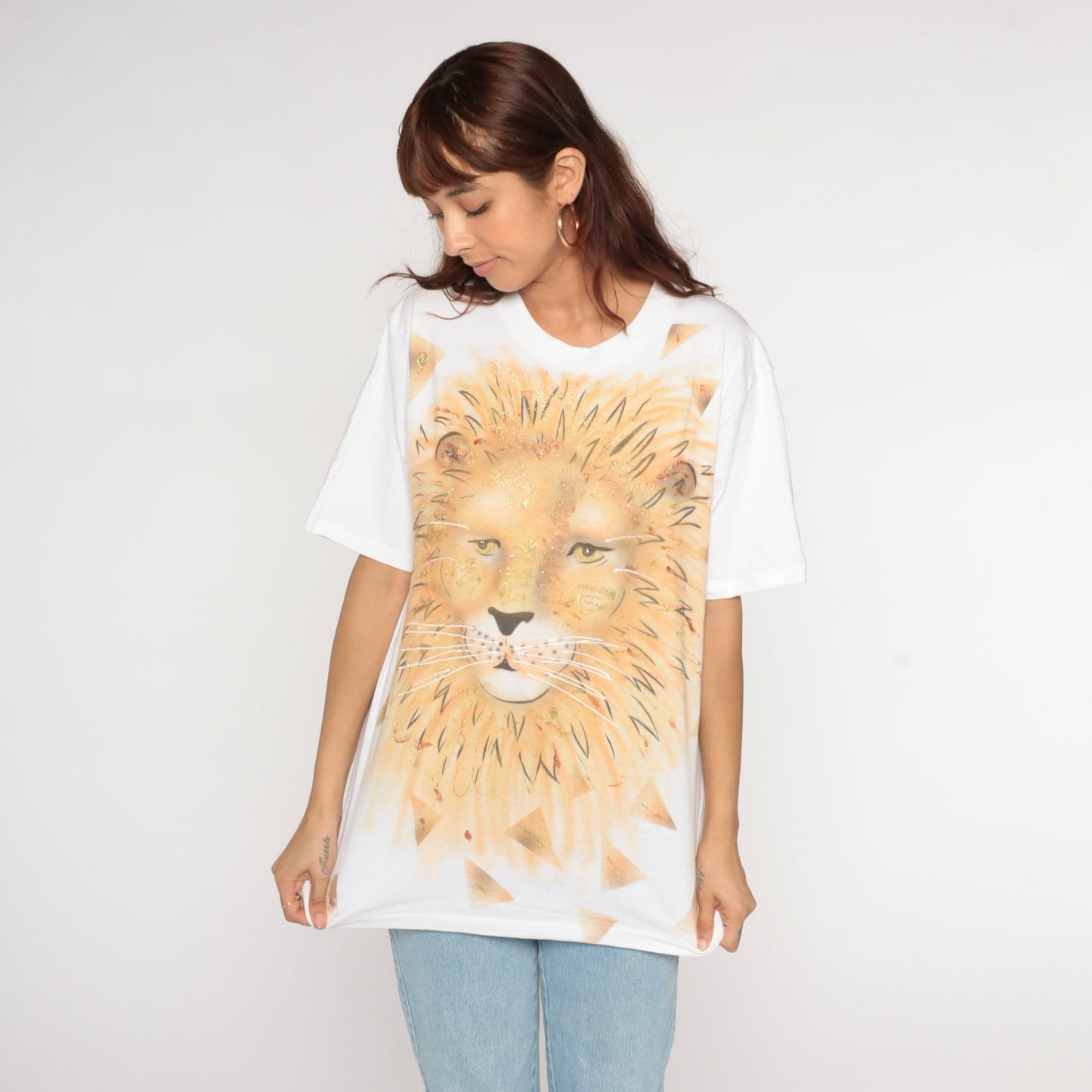 90s Oneita Lion T-Shirt White Gold Glitter Graphic Tee Medium