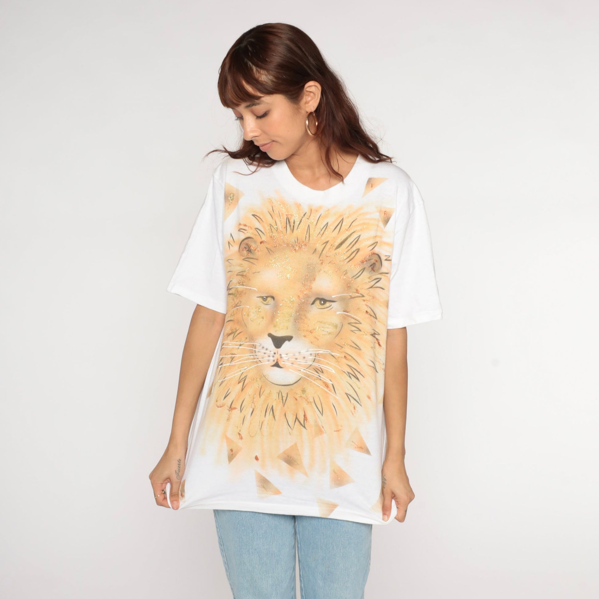 90s Oneita Lion T-Shirt White Gold Glitter Graphic Tee Medium