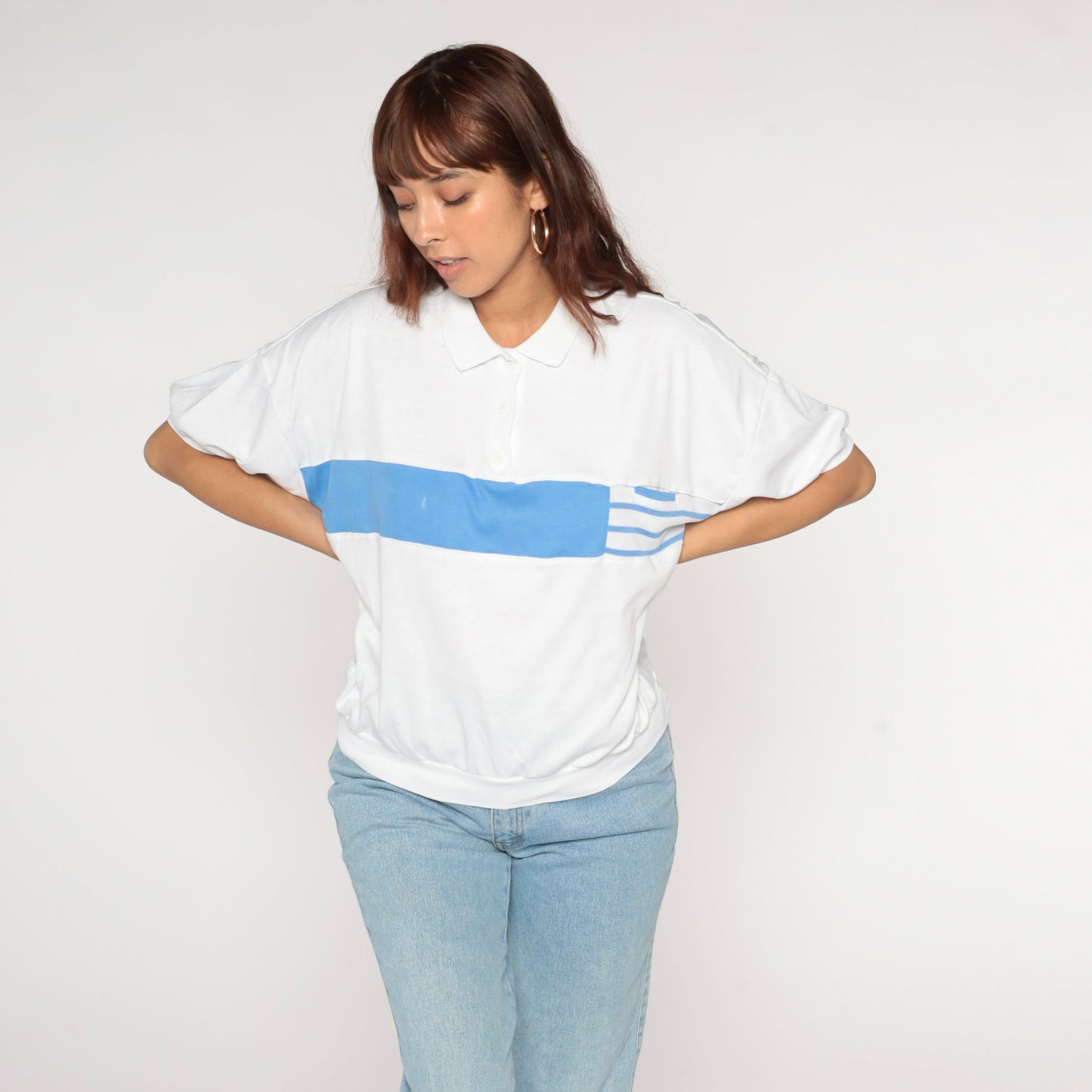 90s Catalina Striped Collared Shirt White Blue Banded Hem Large