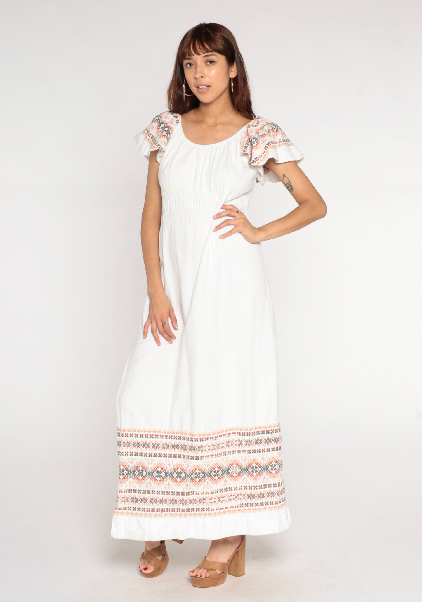 90s White Cotton Maxi Dress Aztec Embroidery Off-Shoulder Flutter Sleeve Medium