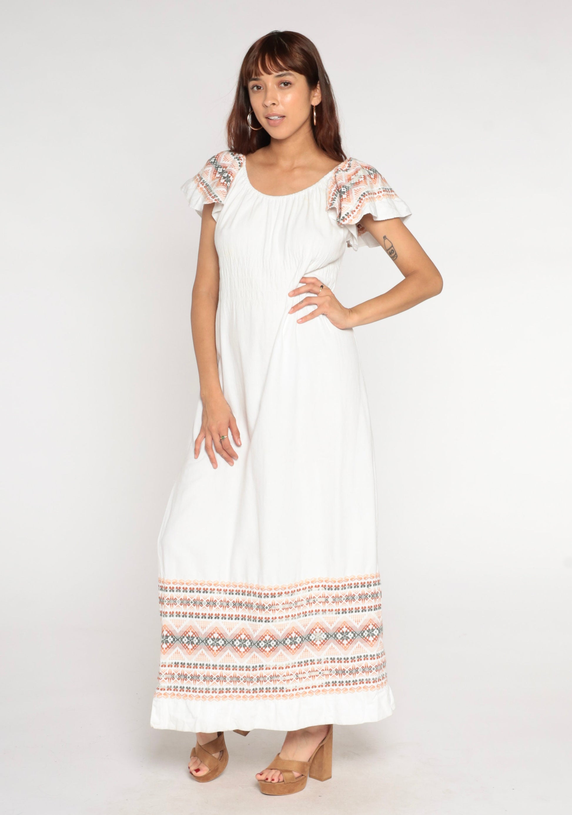 90s White Cotton Maxi Dress Aztec Embroidery Off-Shoulder Flutter Sleeve Medium