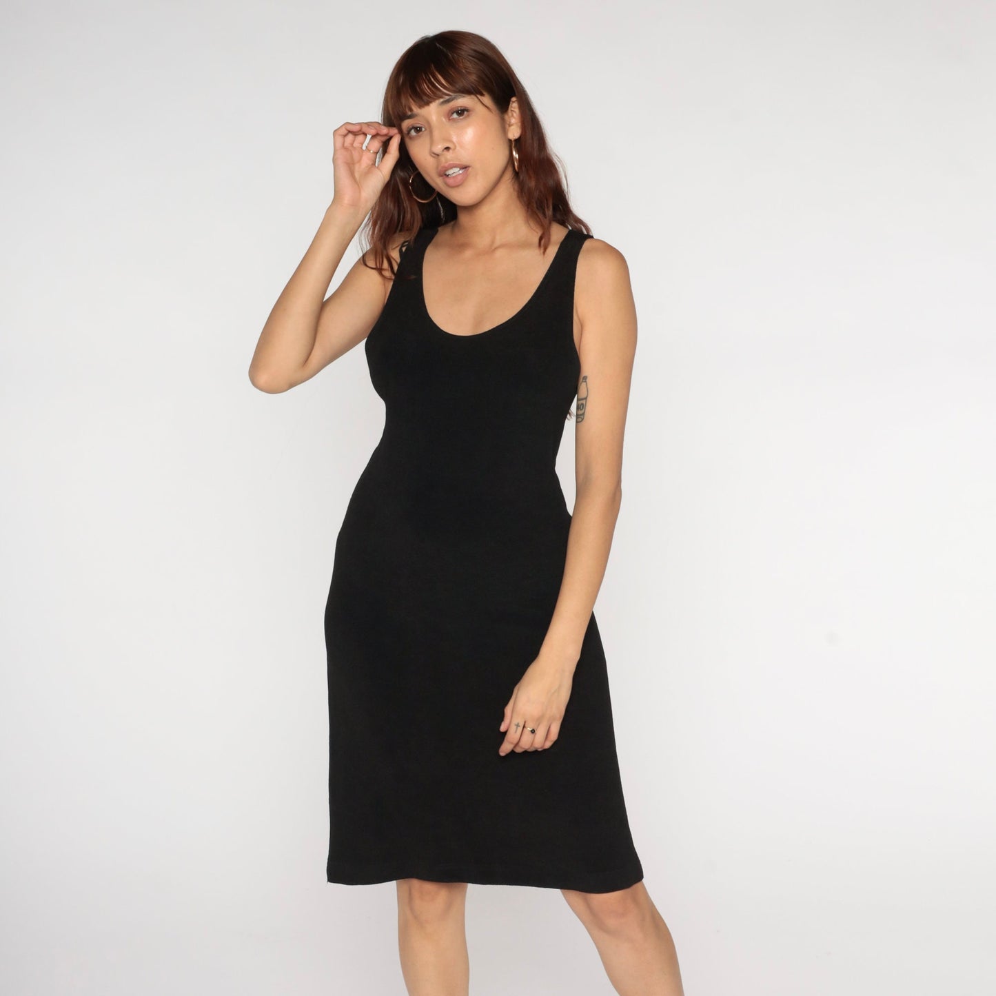 90s Black Bodycon Dress Sleeveless Scoop Neck Knee Length Medium